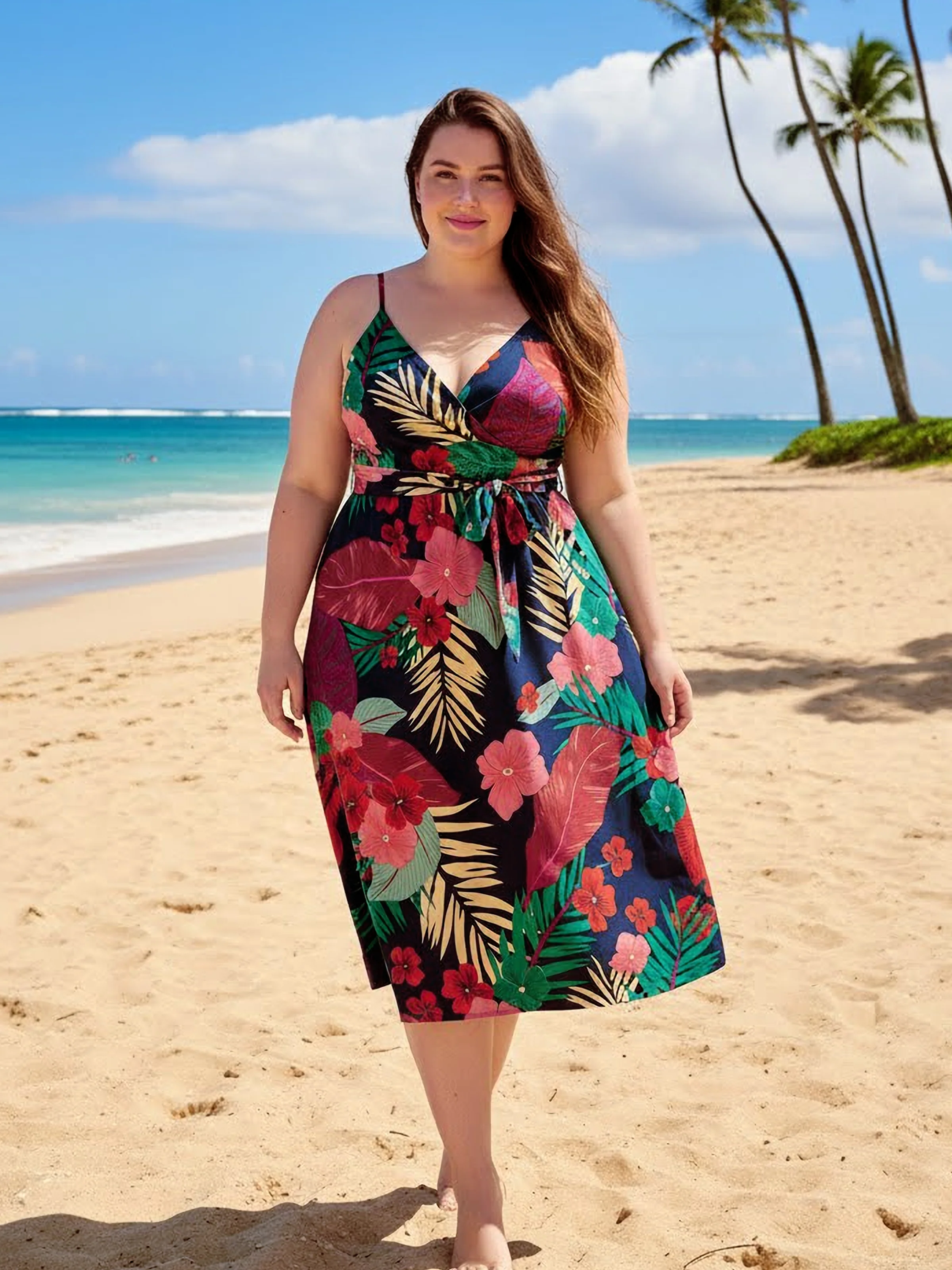 Family Matching Sets Floral Panel Black tee and V-neck Strap Dress with Hidden Snap Deep Blue - Image 2