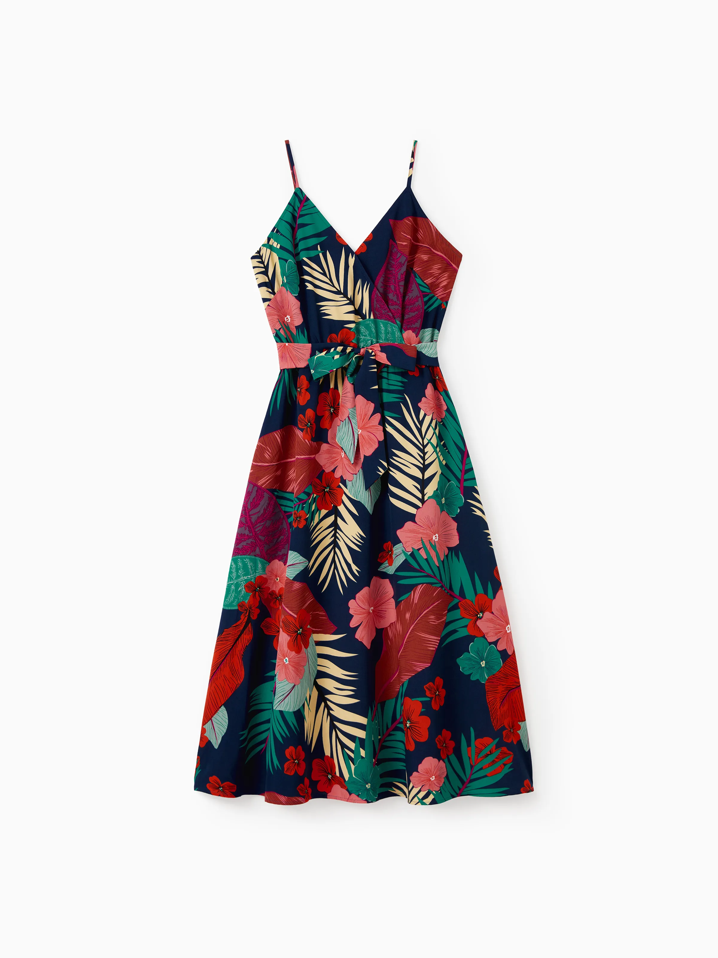 Family Matching Sets Floral Panel Black tee and V-neck Strap Dress with Hidden Snap Deep Blue - Image 3