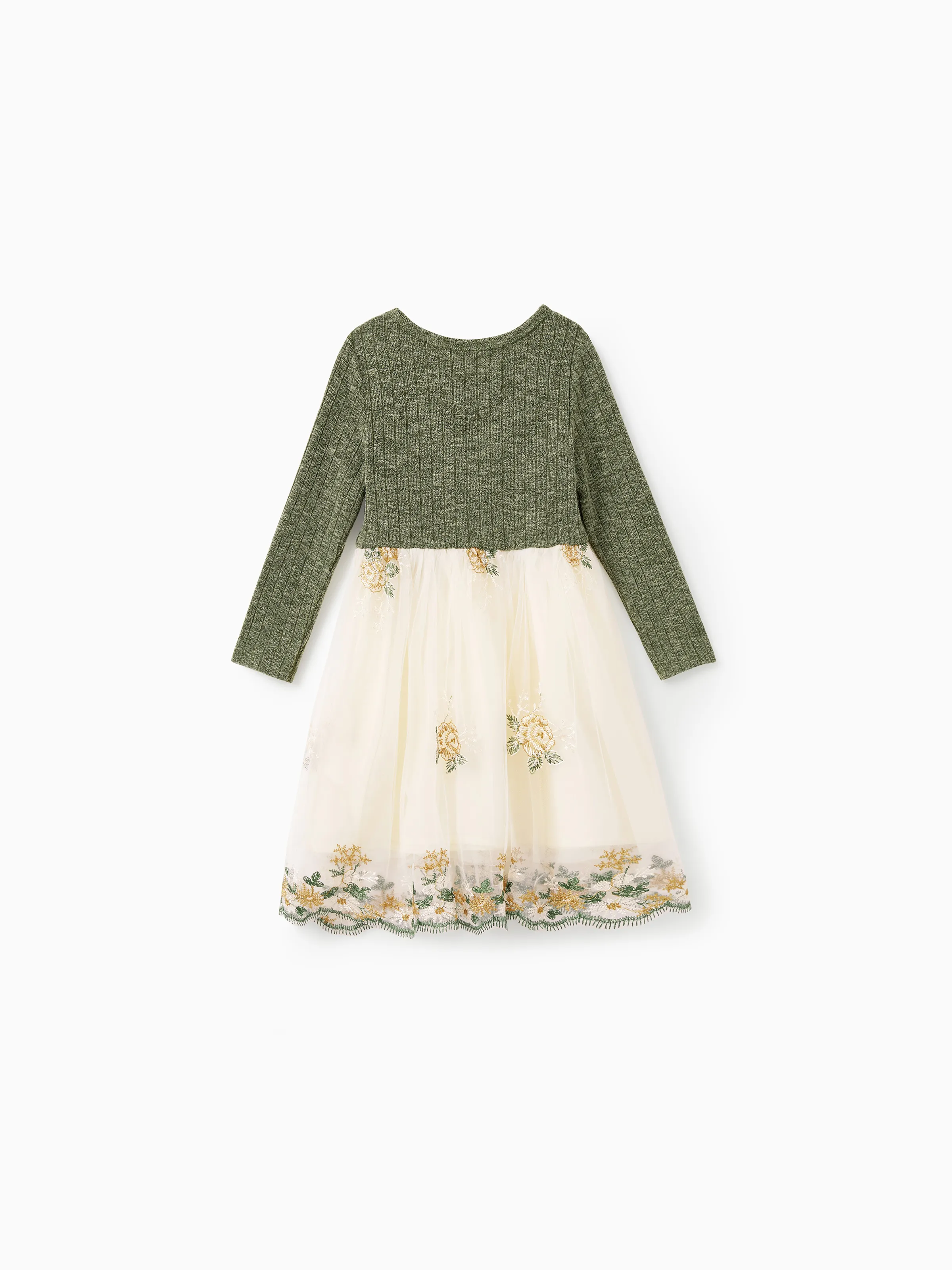 Family Matching Sets Green Long Sleeves Shirt or Ribbed Off-Shoulder Embroidered Tulle Dress Green - Image 8