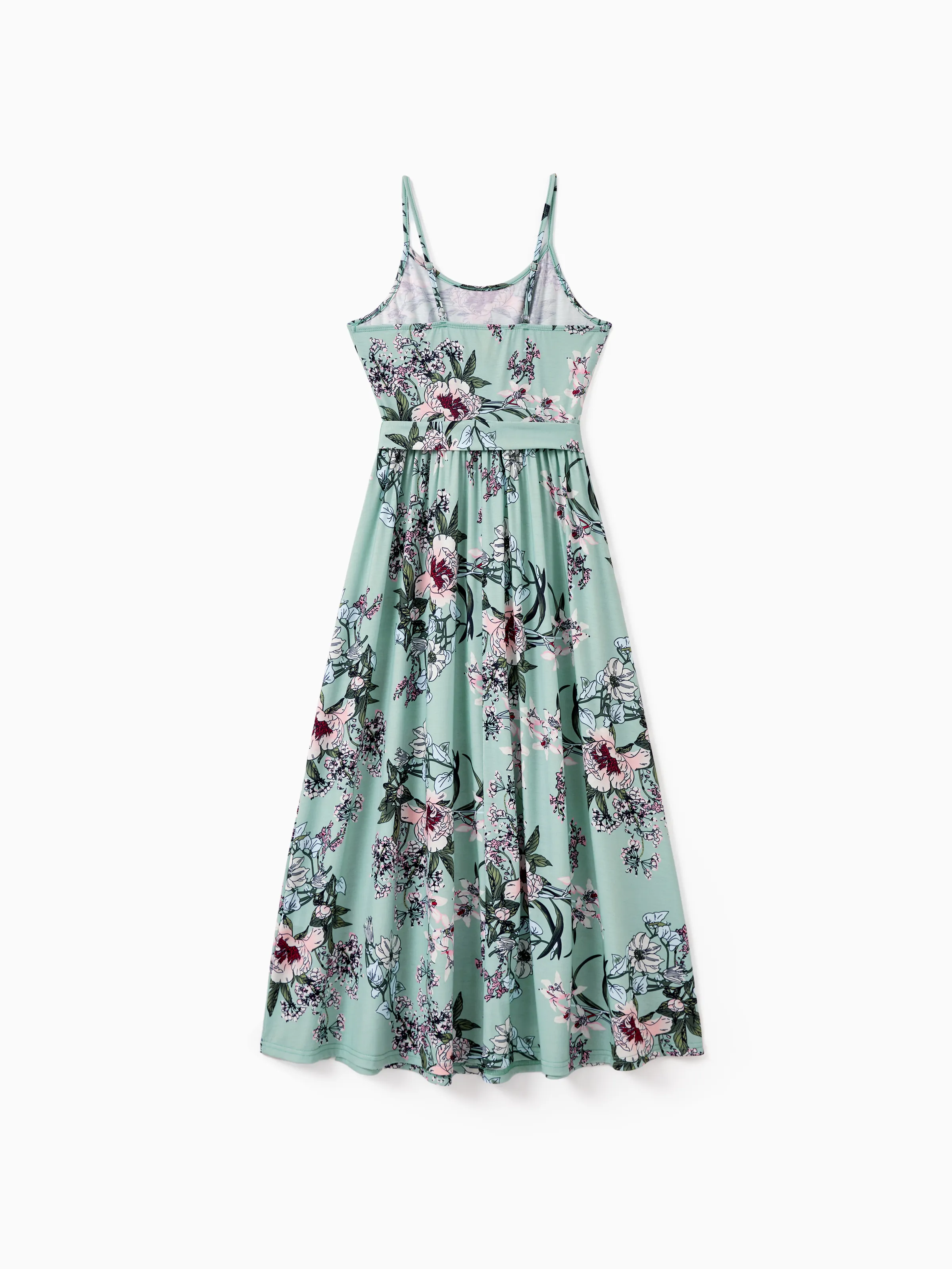 Family Matching Sets Green Striped Polo Shirt or Flora Print Strap Belted Dress Light Green - Image 3