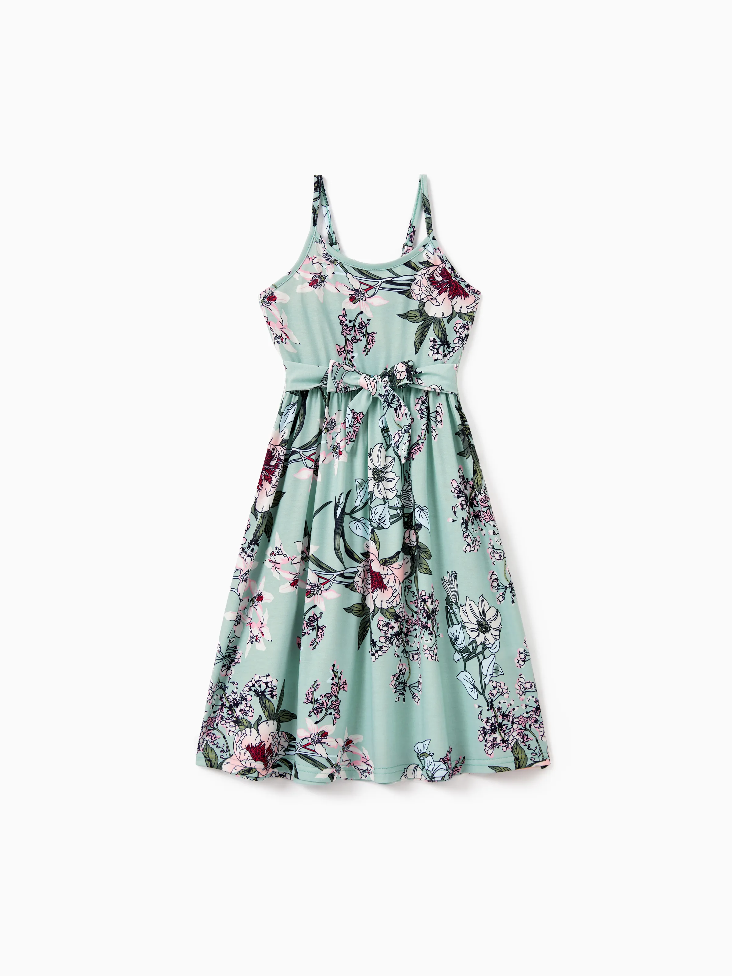 Family Matching Sets Green Striped Polo Shirt or Flora Print Strap Belted Dress Light Green - Image 7