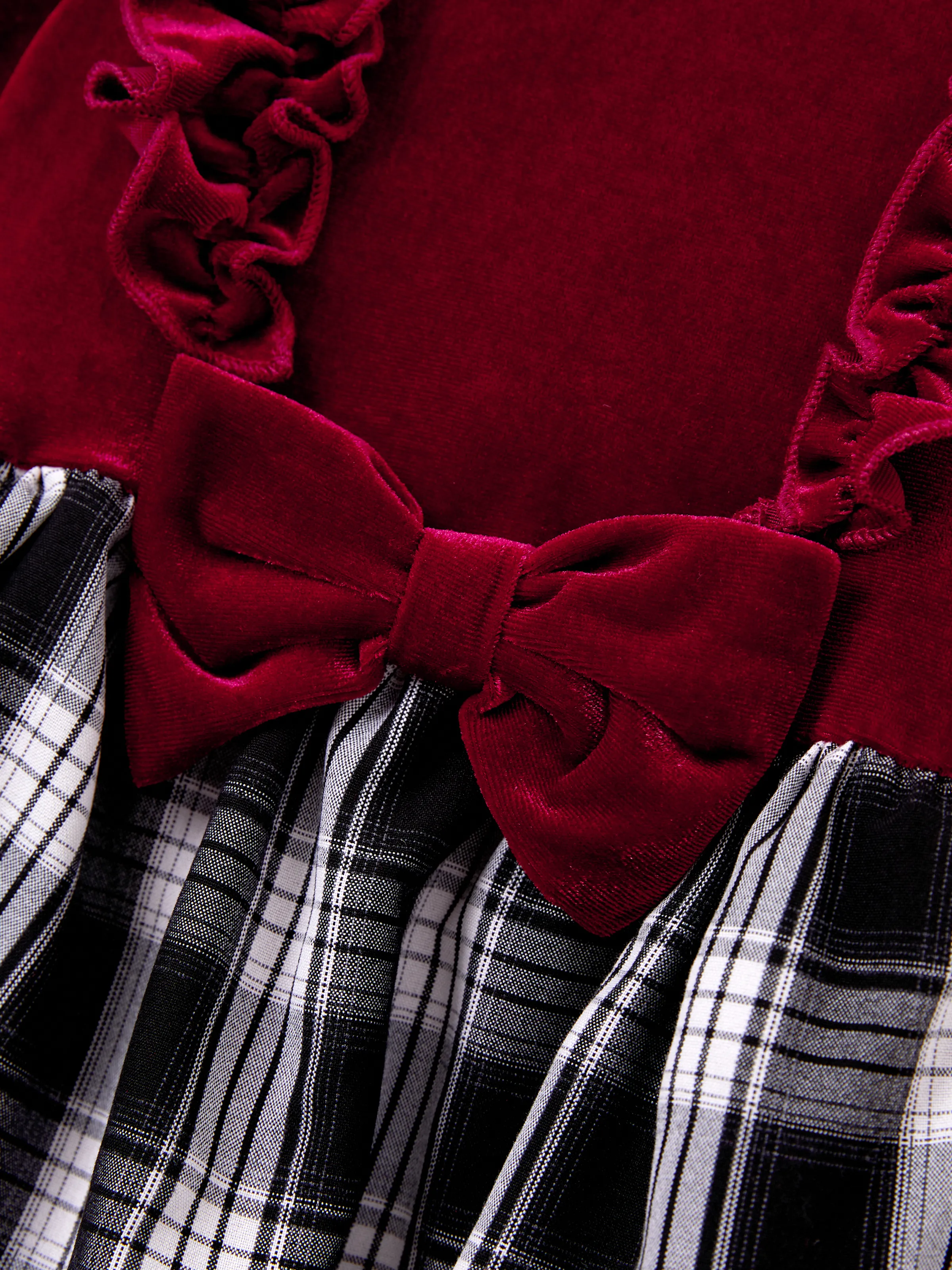 Family Matching Sets Long Sleeves Black and White Plaid Sweatshirt or Velvet Short-sleeve Belted Dress Burgundy - Image 16