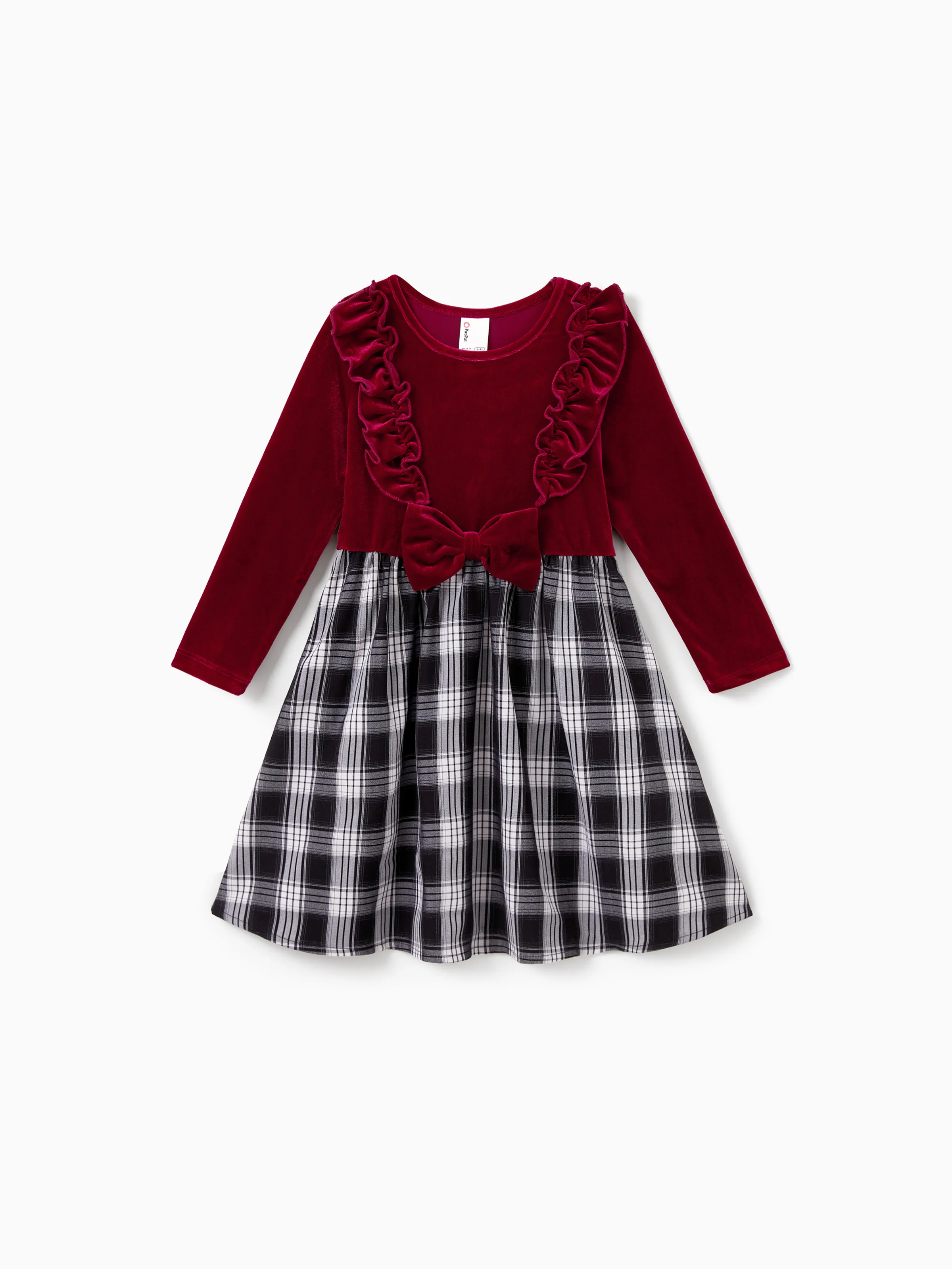 Family Matching Sets Long Sleeves Black and White Plaid Sweatshirt or Velvet Short-sleeve Belted Dress Burgundy - Image 7
