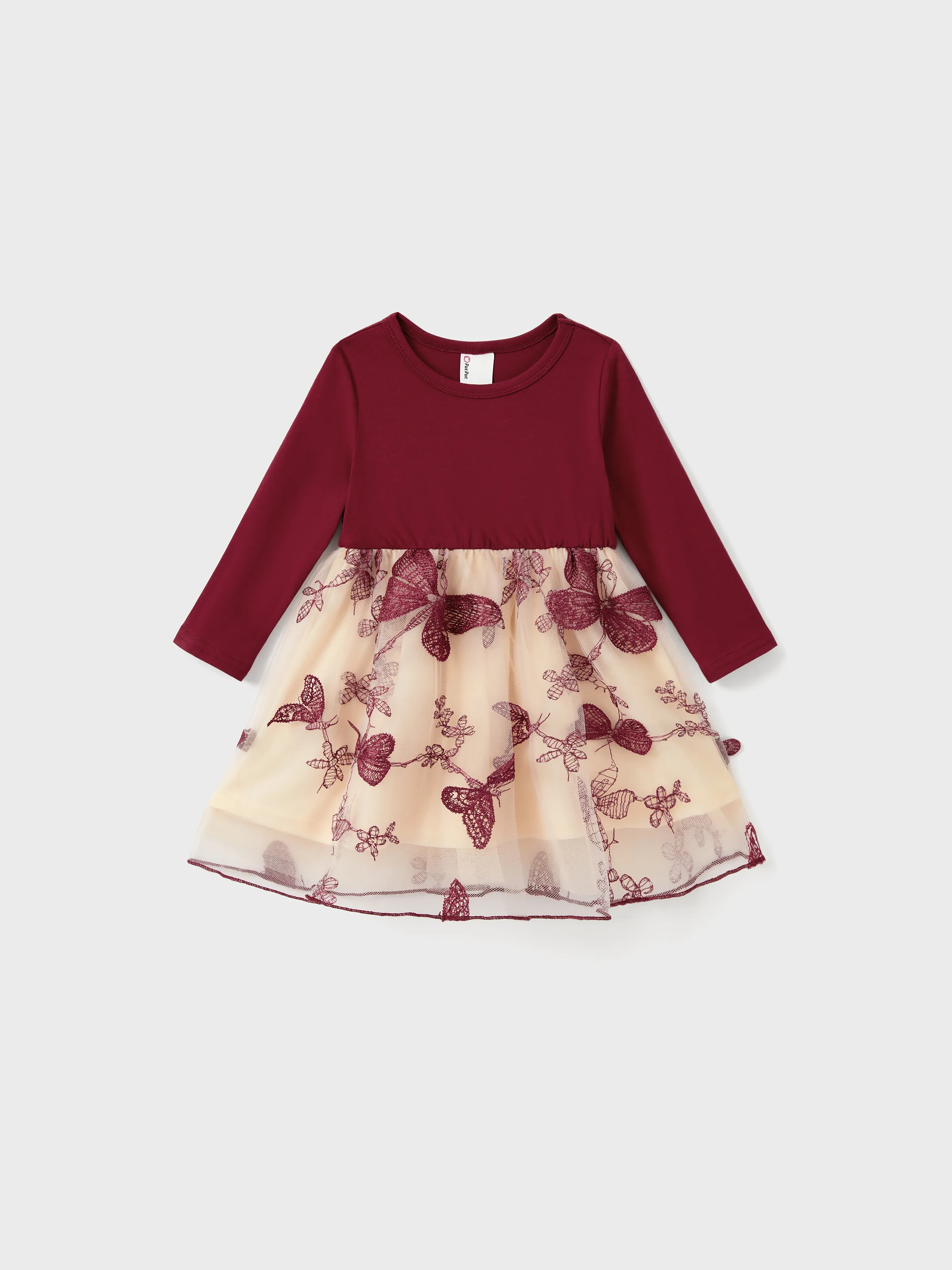 Family Matching Sets Long Sleeves Sweatshirt or Off-Shoulder Butterfly Embroidered Tulle Dress Burgundy - Image 12
