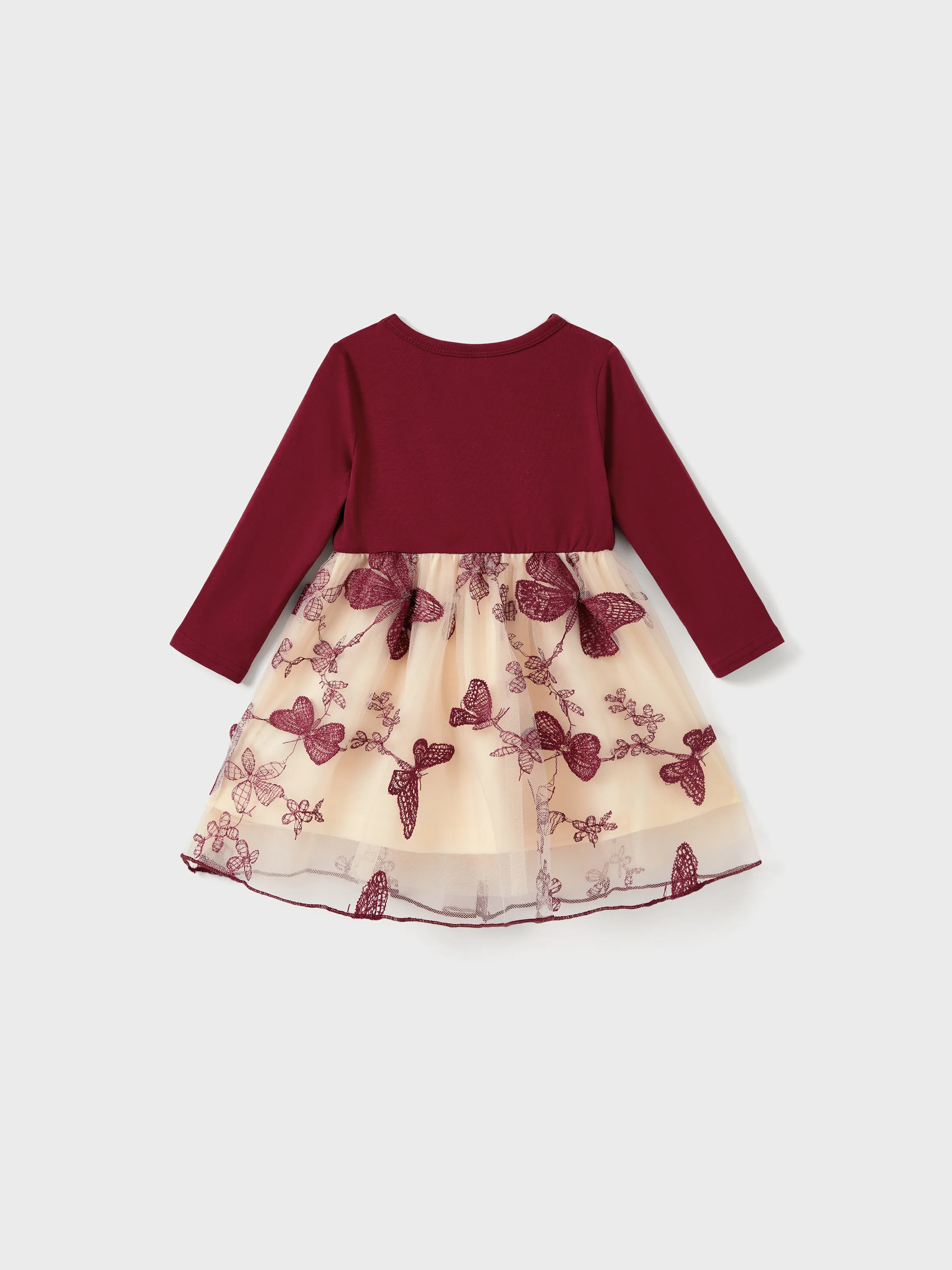 Family Matching Sets Long Sleeves Sweatshirt or Off-Shoulder Butterfly Embroidered Tulle Dress Burgundy - Image 13
