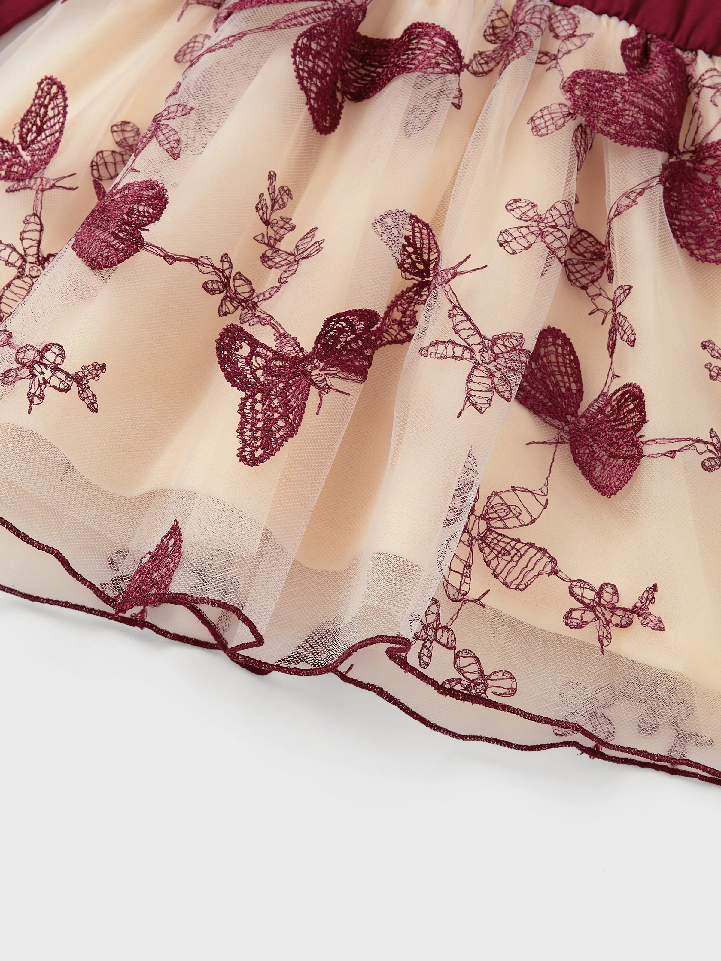 Family Matching Sets Long Sleeves Sweatshirt or Off-Shoulder Butterfly Embroidered Tulle Dress Burgundy - Image 16