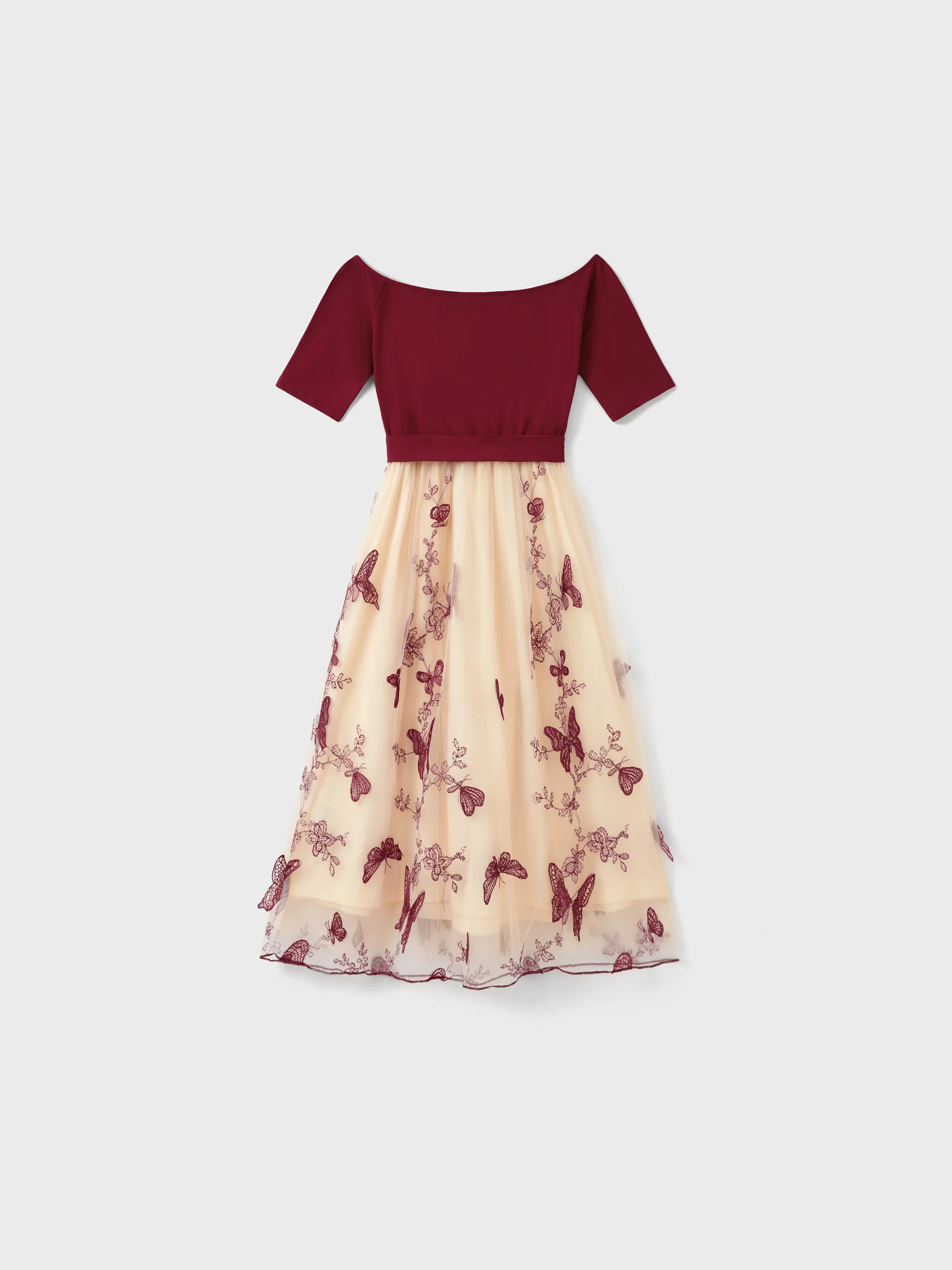 Family Matching Sets Long Sleeves Sweatshirt or Off-Shoulder Butterfly Embroidered Tulle Dress Burgundy - Image 3