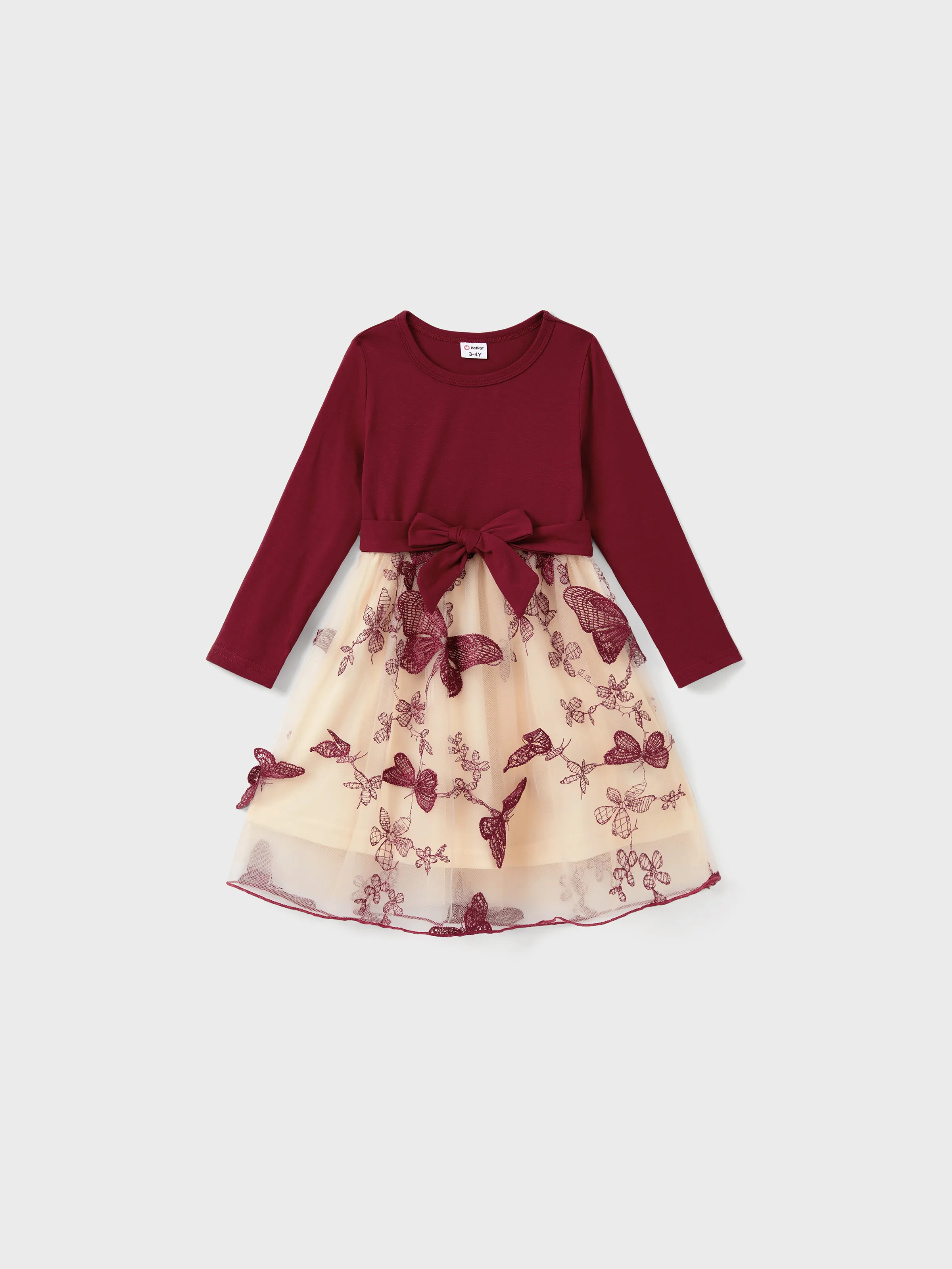 Family Matching Sets Long Sleeves Sweatshirt or Off-Shoulder Butterfly Embroidered Tulle Dress Burgundy - Image 7