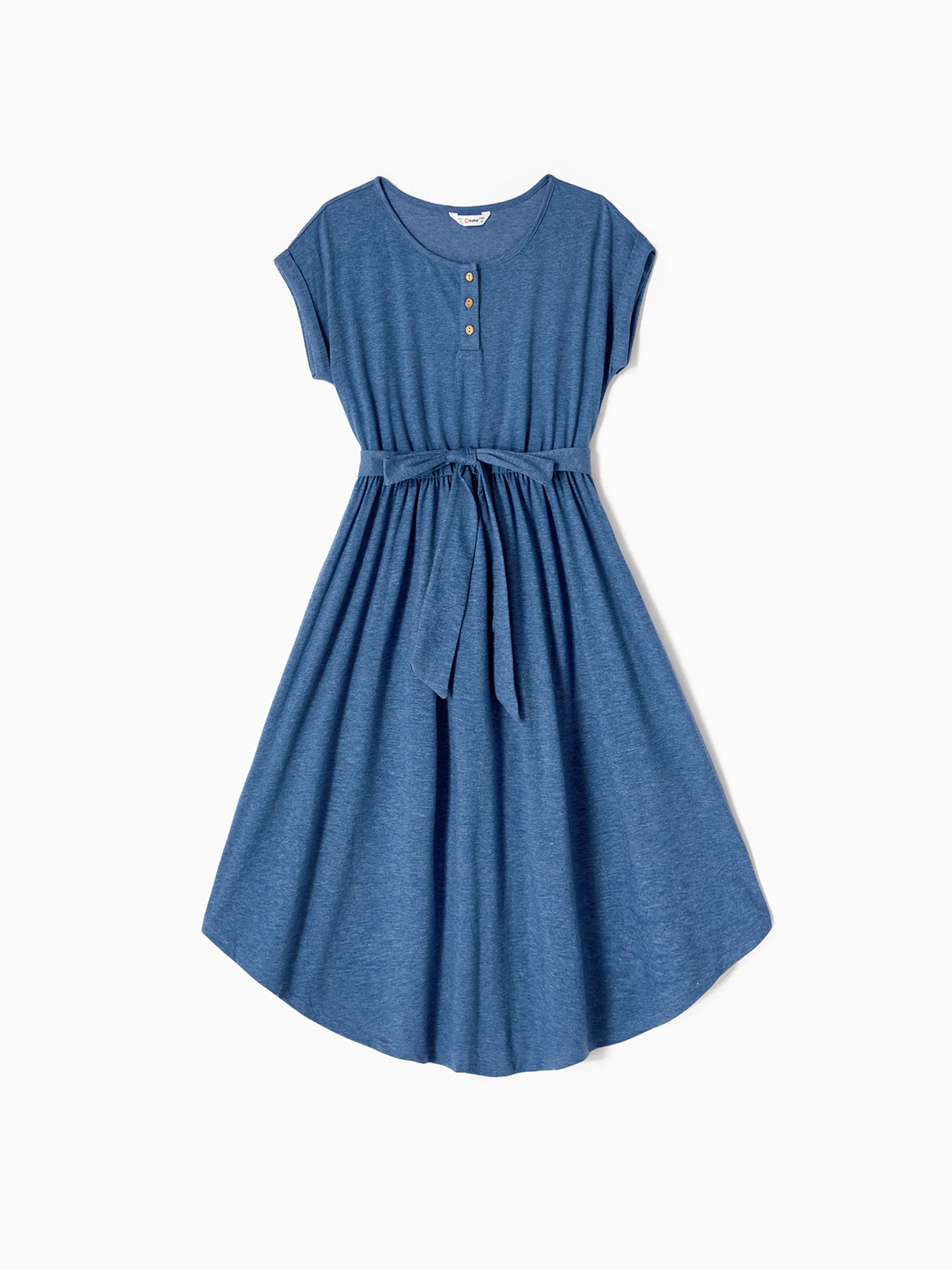 Family Matching Soft Casual Outfit with Below Knee Dresses, Front Buttons, Belted Design Blue - Image 3