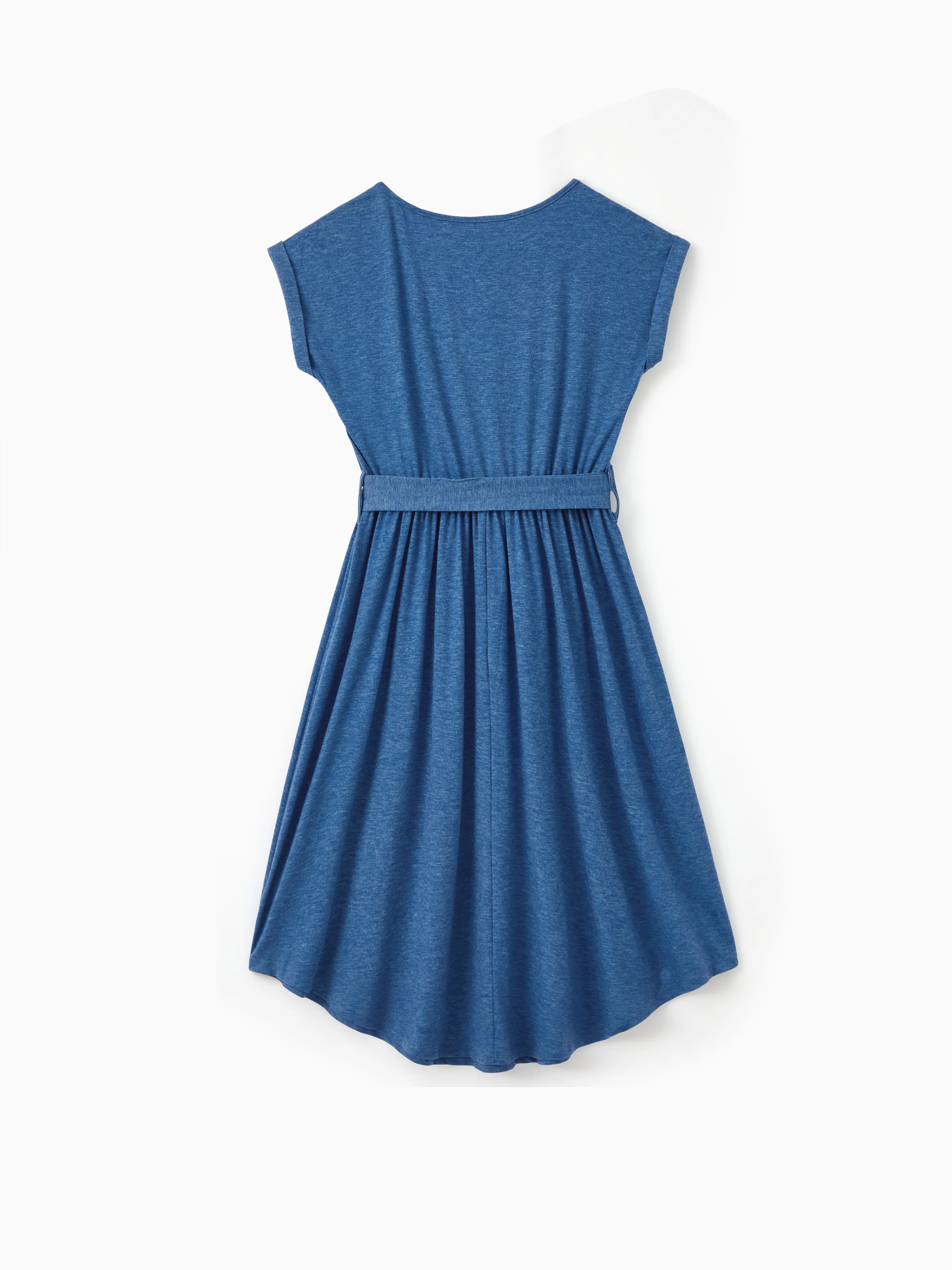 Family Matching Soft Casual Outfit with Below Knee Dresses, Front Buttons, Belted Design Blue - Image 4