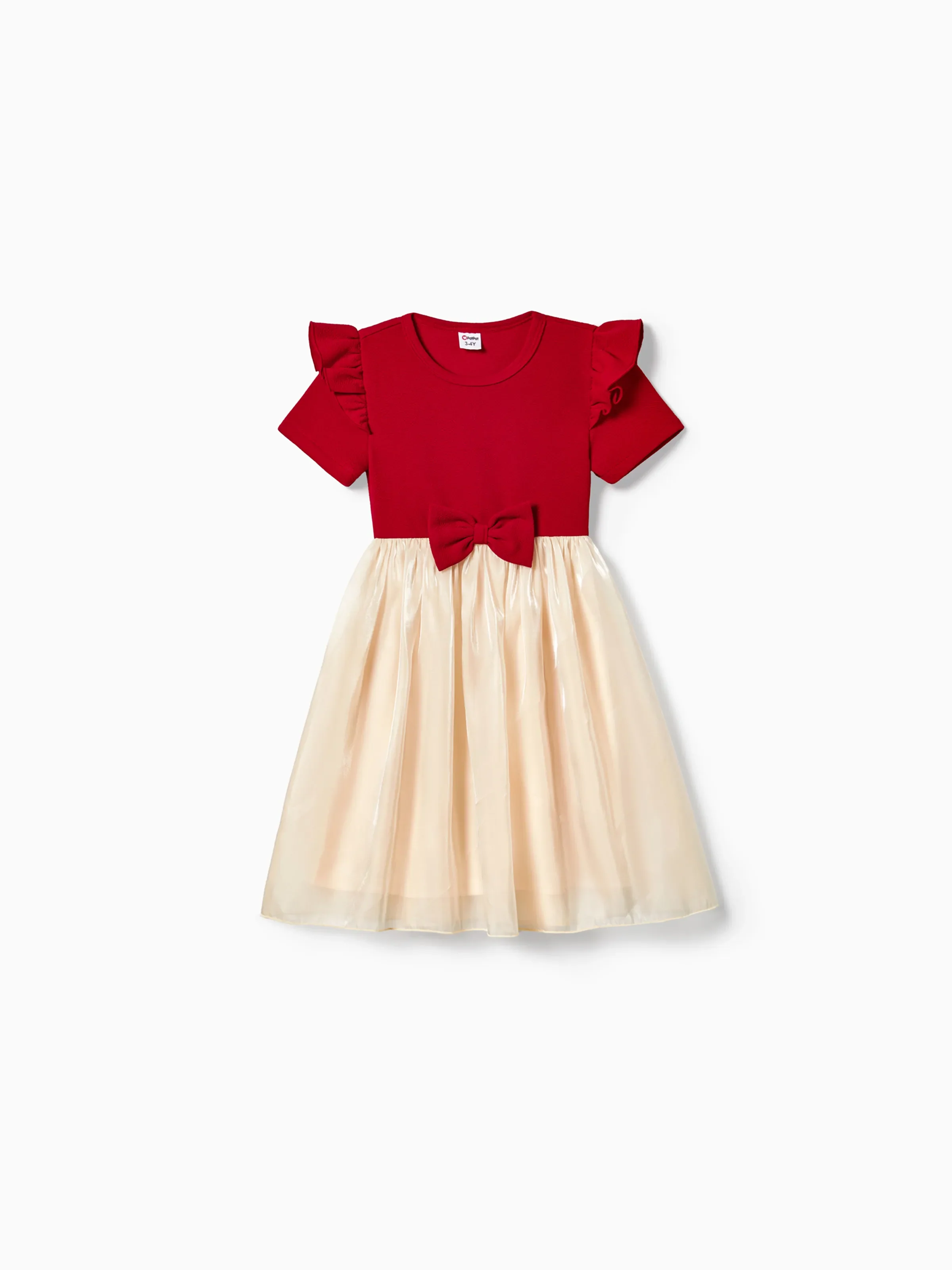 Family Matching Solid Color Short-sleeve Laper-collar Tops and Mermaid/Mesh Dresses Sets Red - Image 6