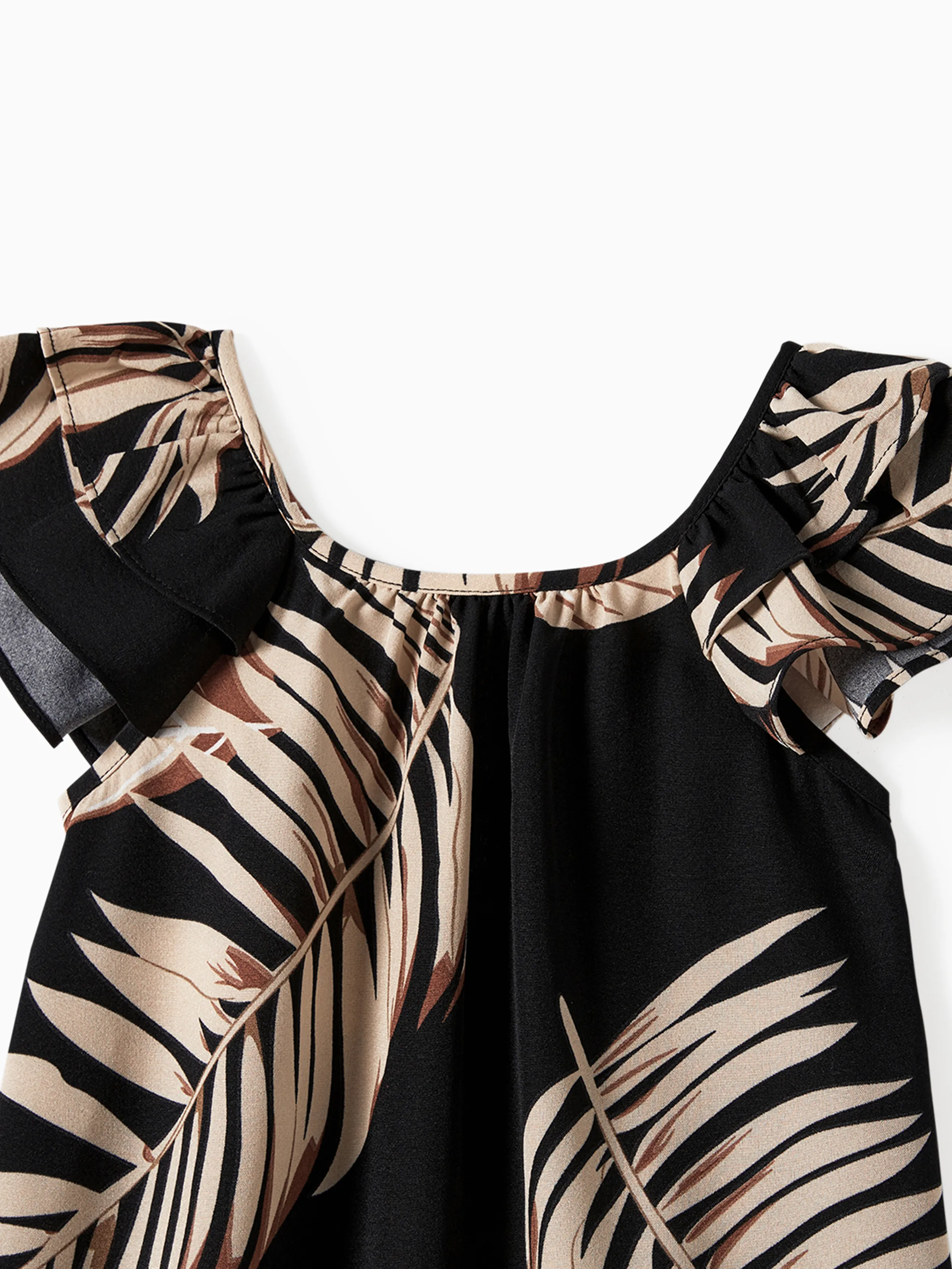Family Matching Solid Leaf Sleeveless Halter Dresses And Short Sleeve Tops Sets Black - Image 14