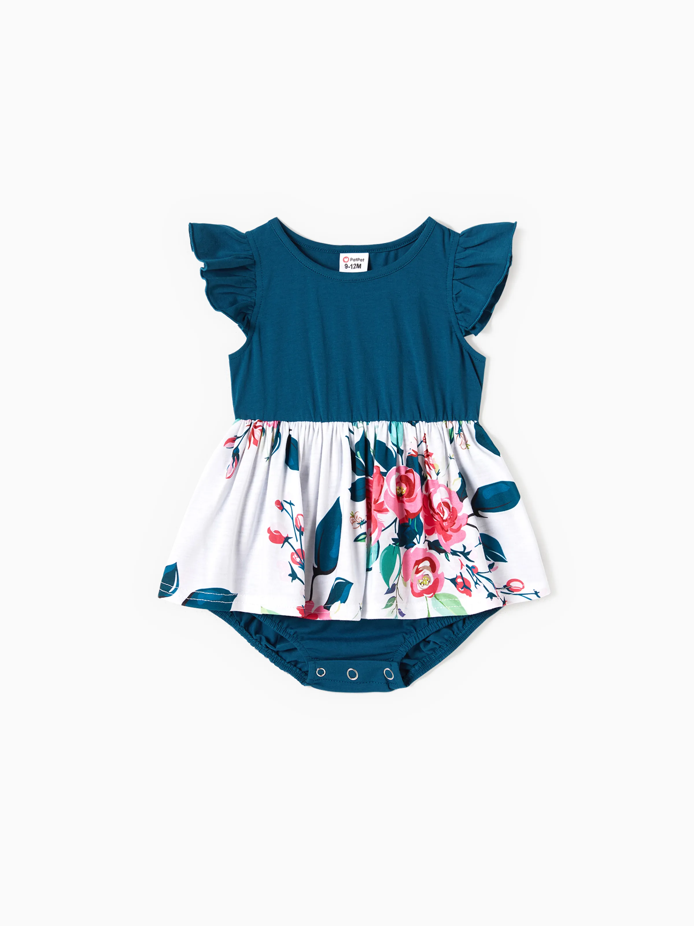 Family Matching Solid V Neck Flutter-sleeve Splicing Floral Print Dresses and Short-sleeve Colorblock T-shirts Sets Azure- - Image 13