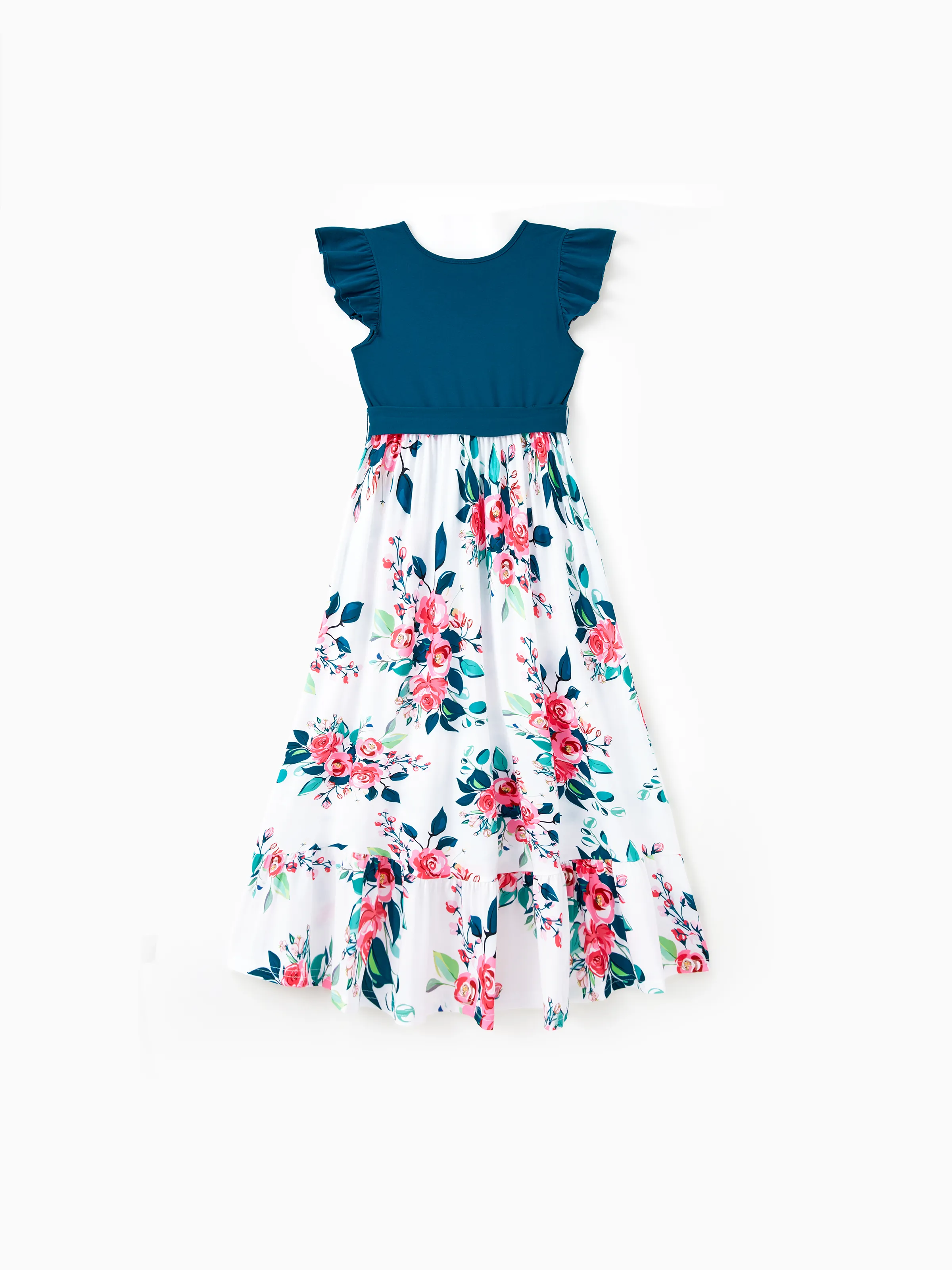 Family Matching Solid V Neck Flutter-sleeve Splicing Floral Print Dresses and Short-sleeve Colorblock T-shirts Sets Azure- - Image 4