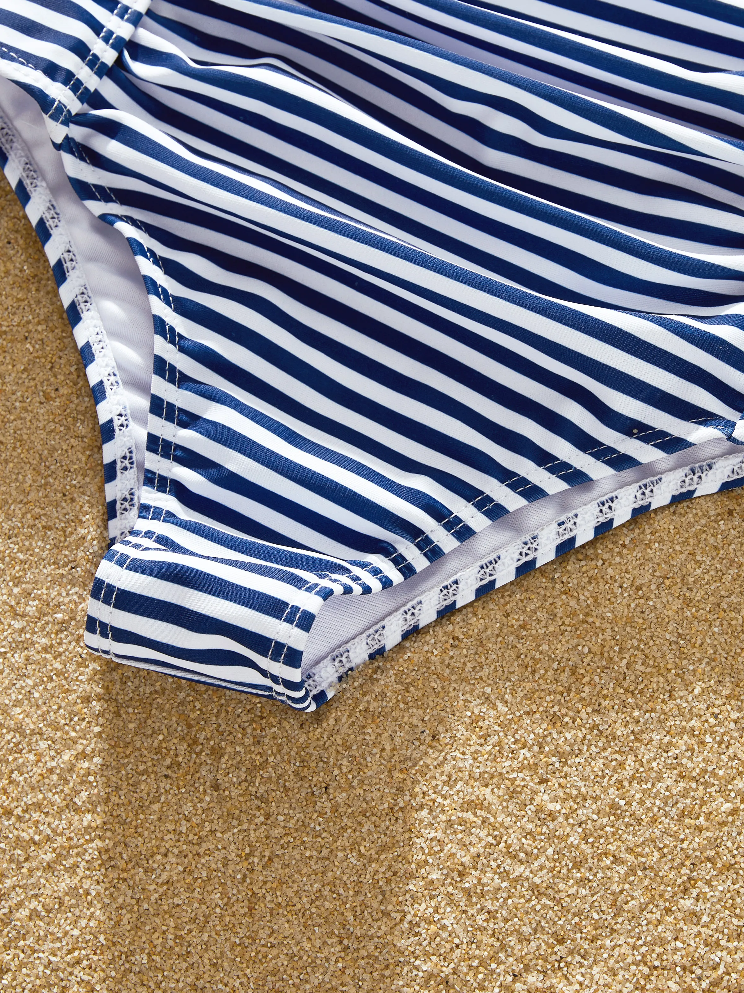 Family Matching Stripe Swim Trunks or One-piece Strap Swimsuit Dark Blue+white - Image 11