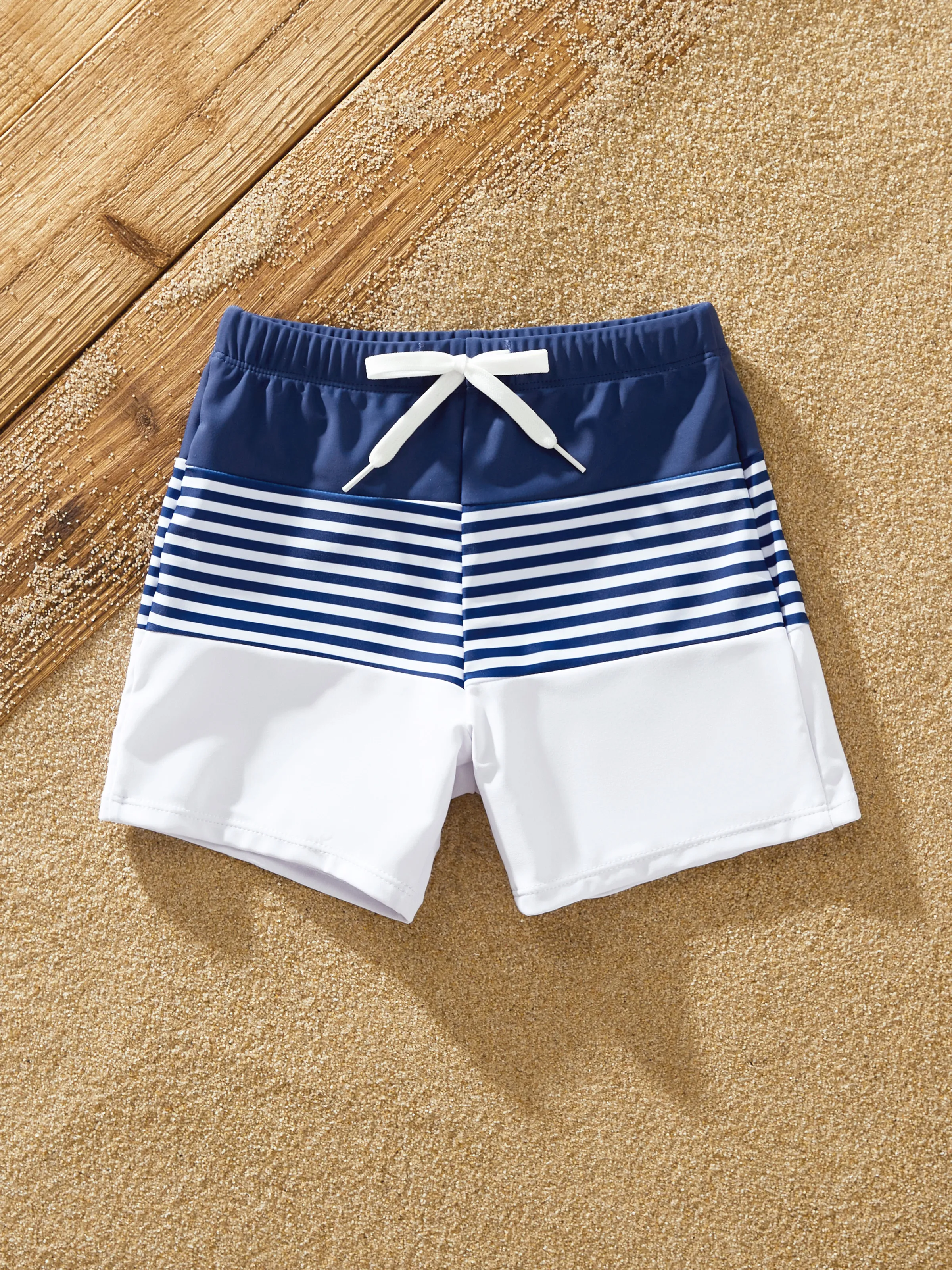 Family Matching Stripe Swim Trunks or One-piece Strap Swimsuit Dark Blue+white - Image 12