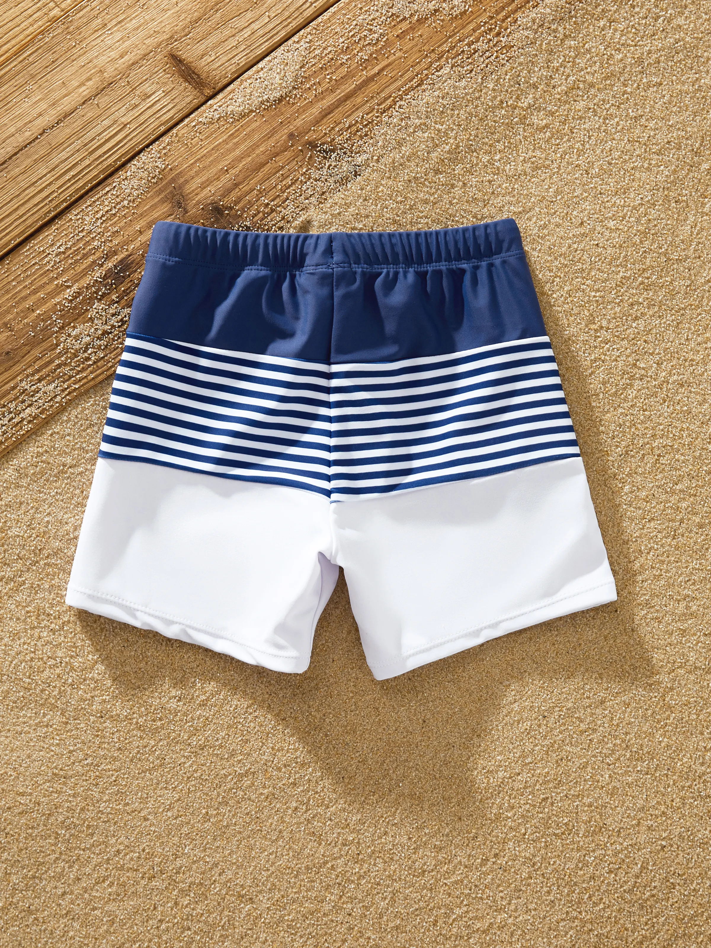Family Matching Stripe Swim Trunks or One-piece Strap Swimsuit Dark Blue+white - Image 14