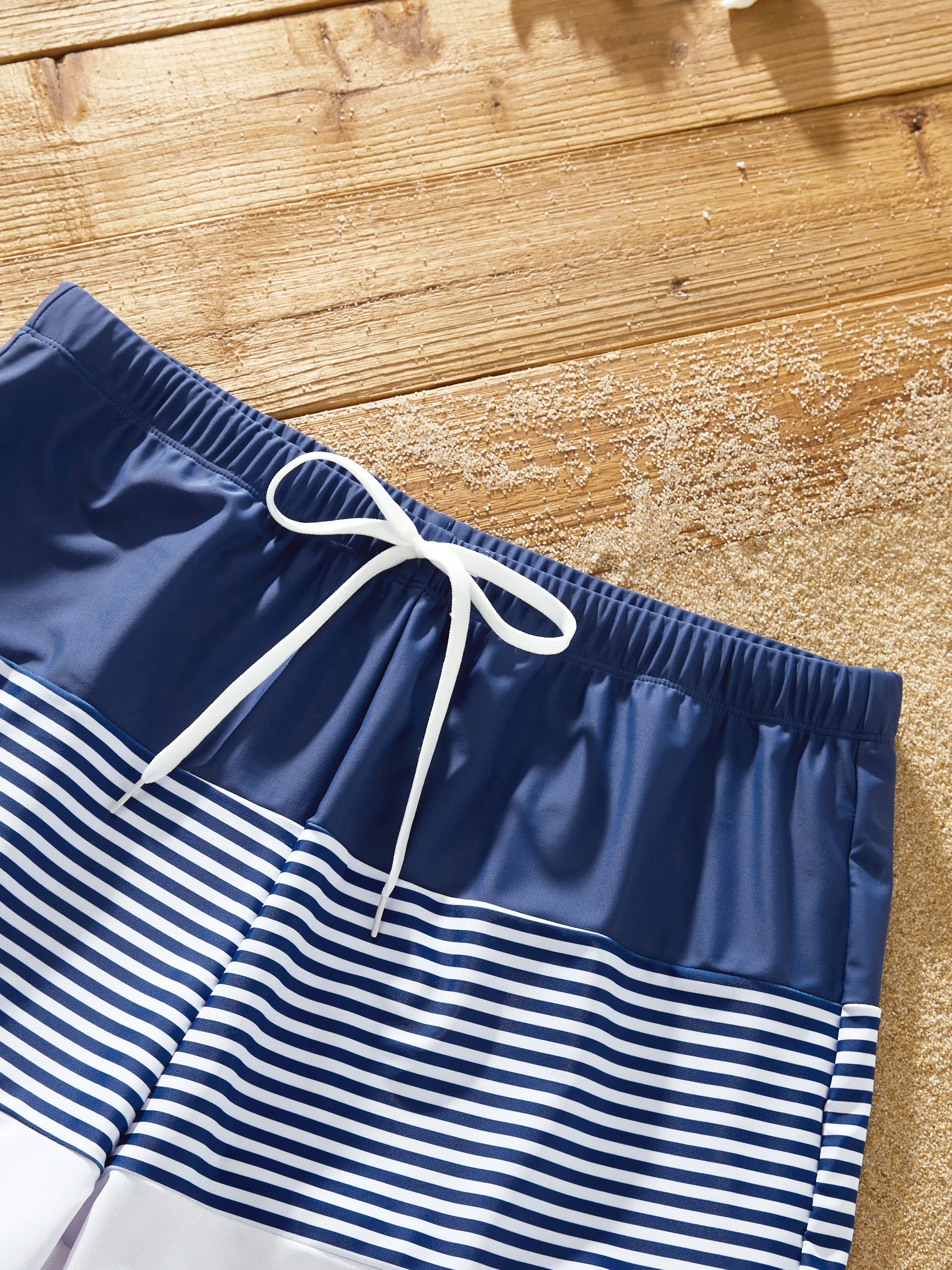 Family Matching Stripe Swim Trunks or One-piece Strap Swimsuit Dark Blue+white - Image 19