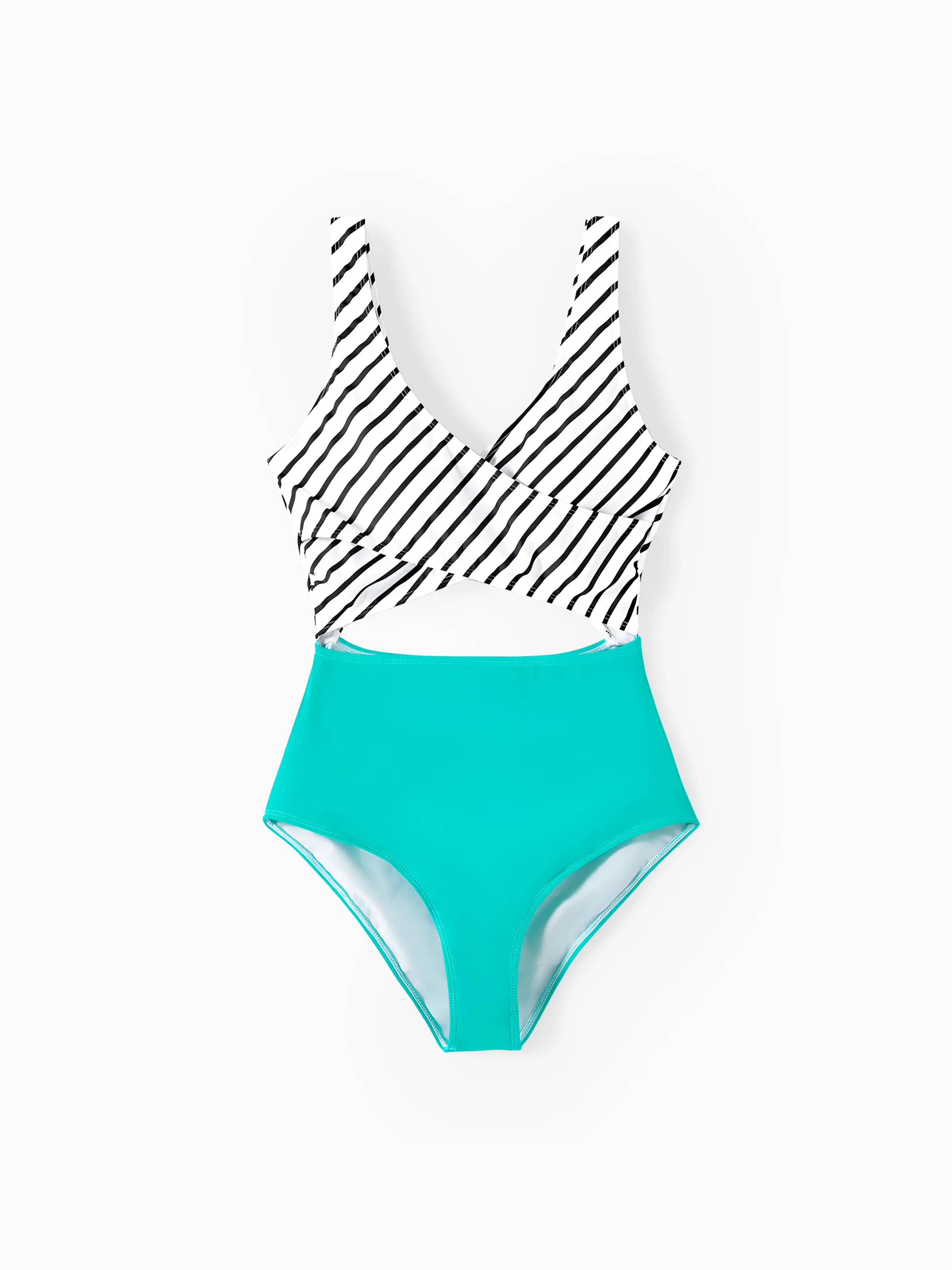 Family Matching Striped Spliced Cut Out One-piece Swimsuit and Colorblock Swim Trunks Green/White - Image 3