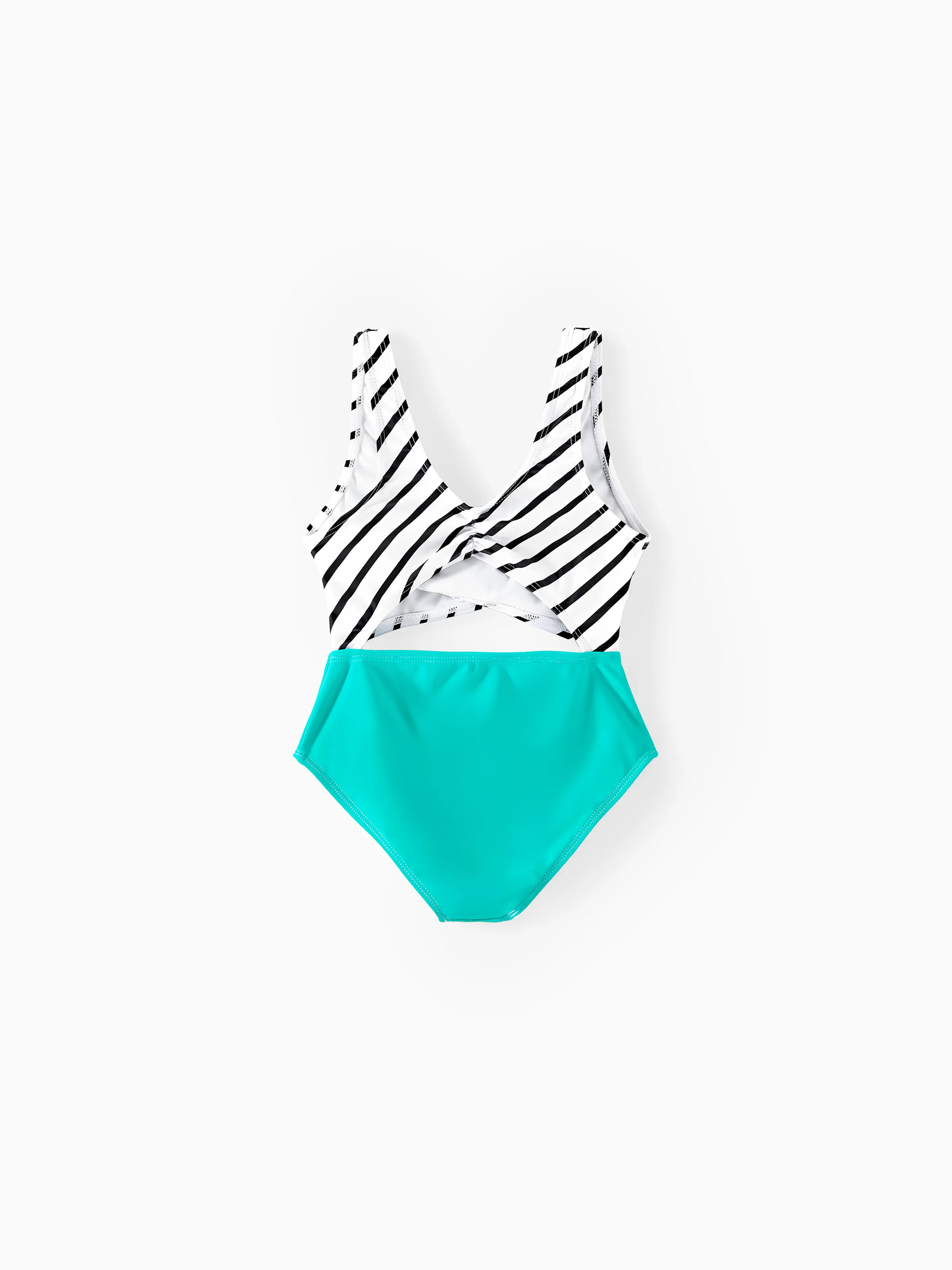 Family Matching Striped Spliced Cut Out One-piece Swimsuit and Colorblock Swim Trunks Green/White - Image 9