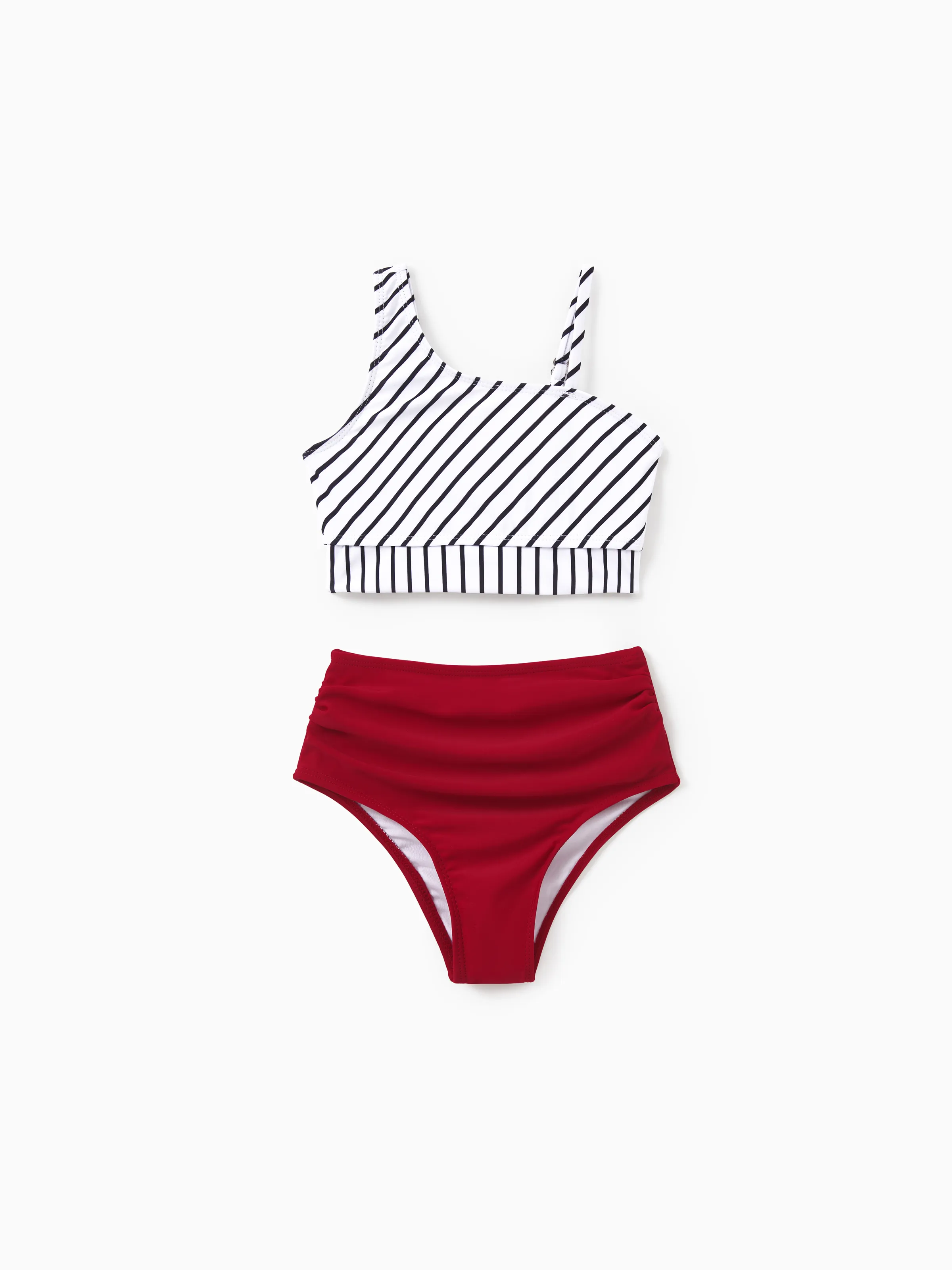Family Matching Swimsuits Red Striped One-Shoulder Bikini or Colorblock Swim Trunks Matching Beachwear Outfits for Summer, Cruise, Vacation Red - Image 7