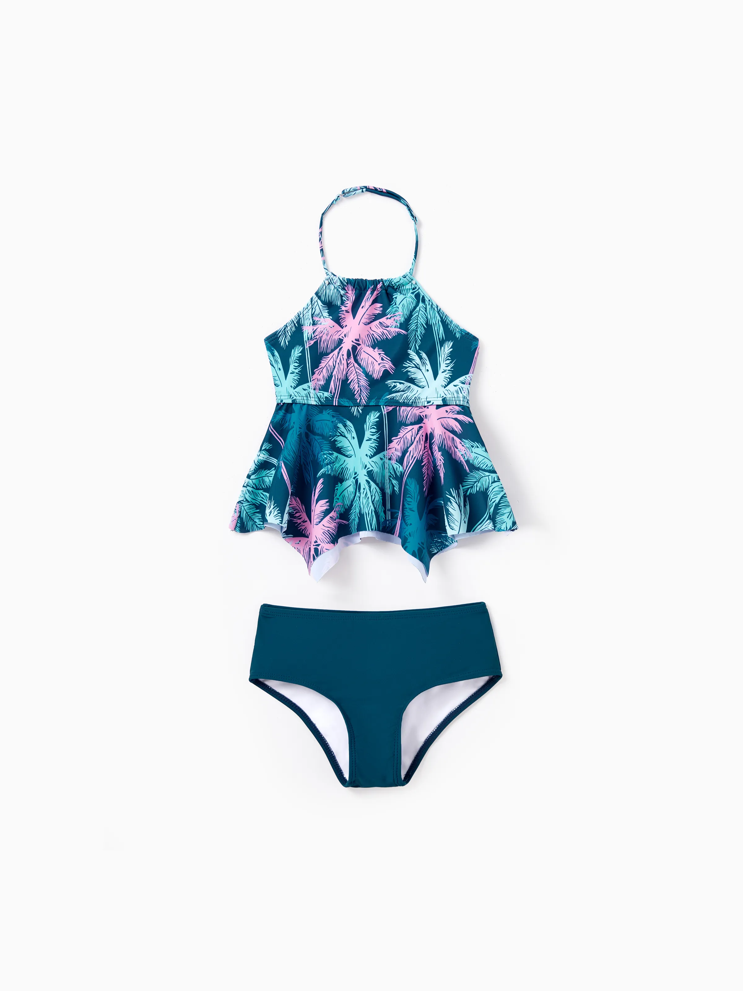 Family Matching Swimsuits Tropical Palm Tree Print, Mommy and Me Ruffle two-piece Swimsuit, Daddy and Son Swim Trunks Set, Beach Vacation Swimwear Turquoise - Image 12