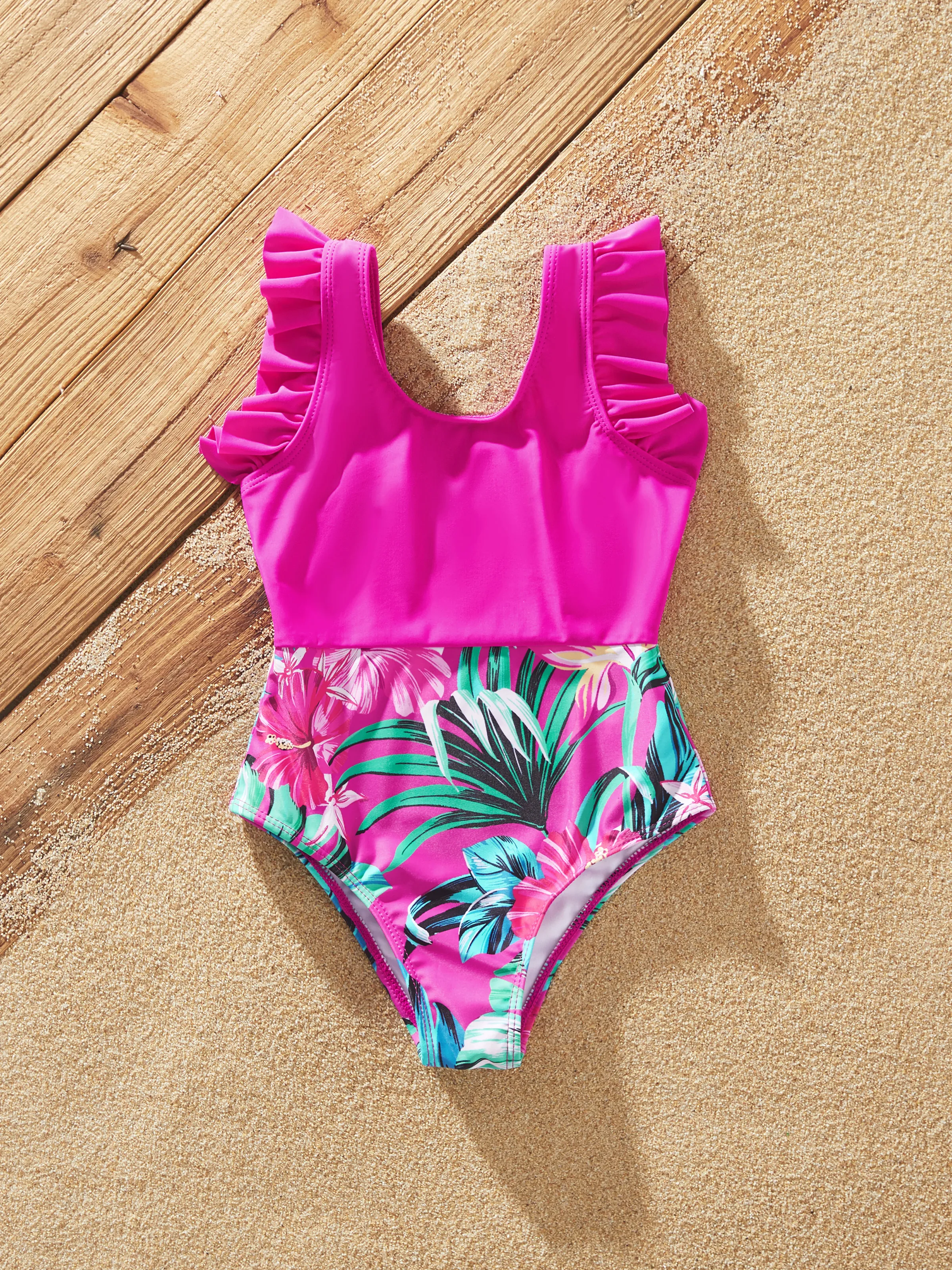 Family Matching Swimsuits Tropical Pink Leaf Print Halter One-Piece Swimwear or Swim Trunks Set Pink - Image 7