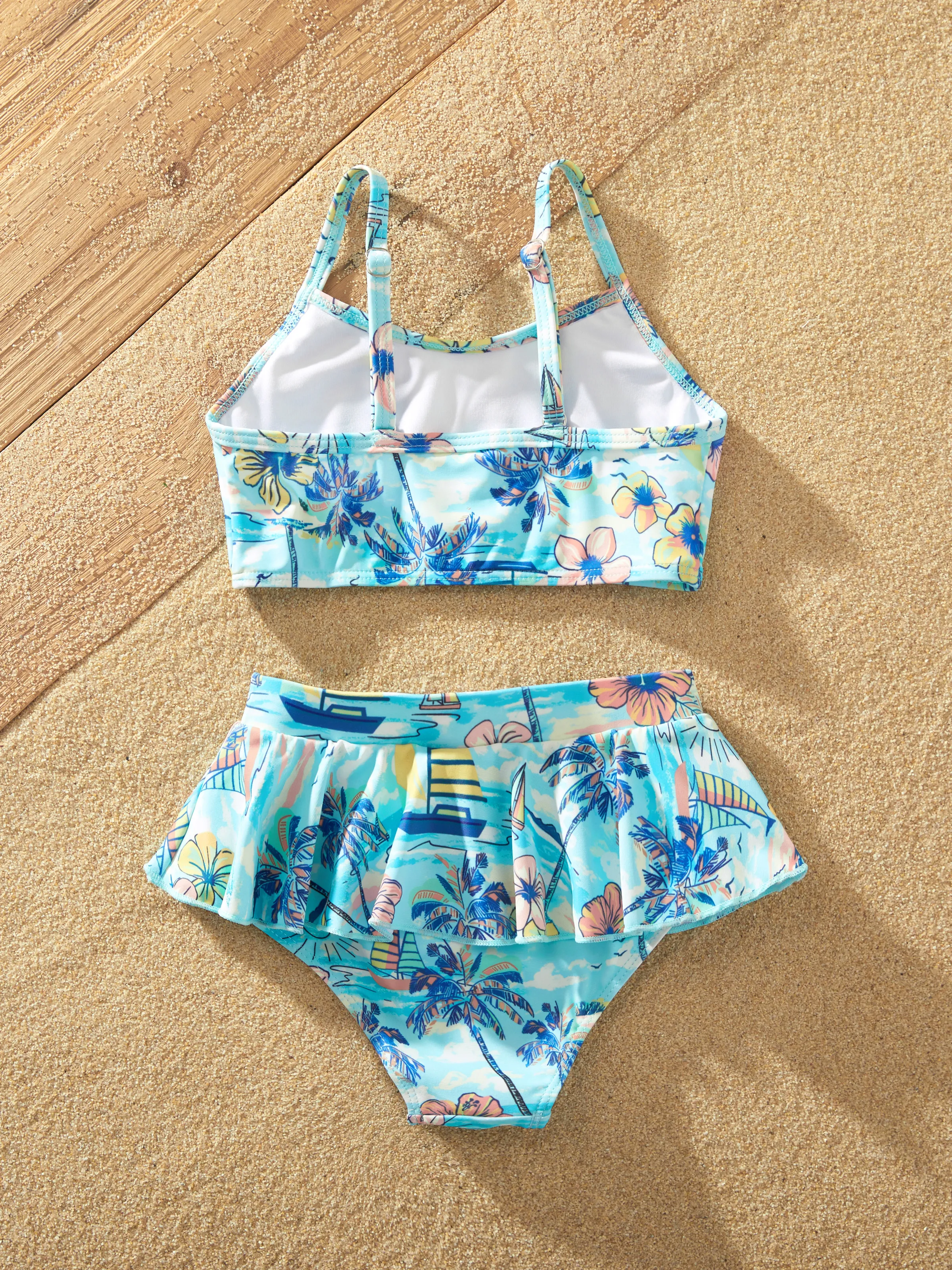 Family Matching Swimwear Tropical Print, Mommy Tie-front Cutout One-piece Swimsuit, Girl two-piece Swimsuit Daddy & Son Swim Trunks Set for Summer Beach Vacation Light Blue - Image 13