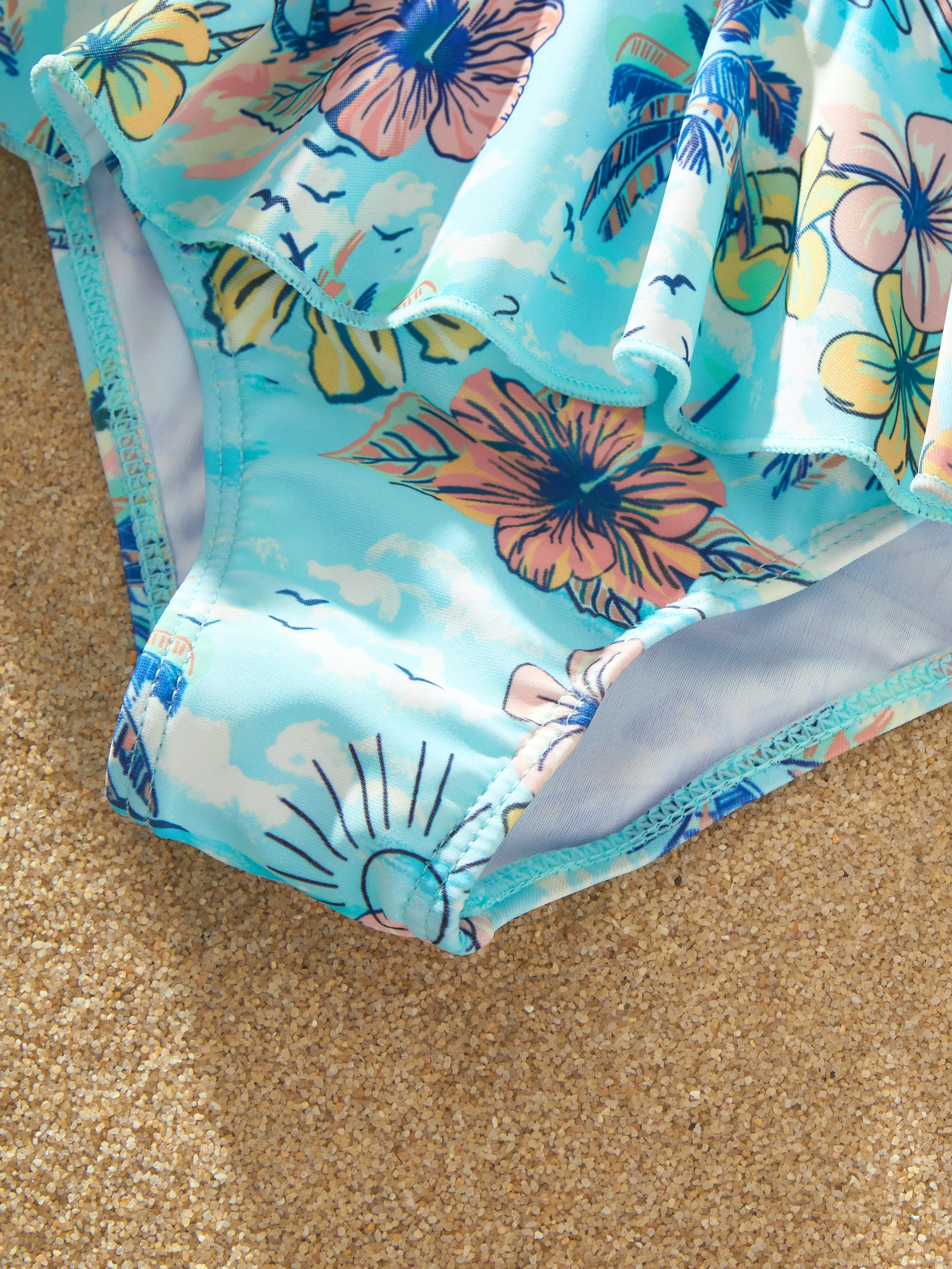 Family Matching Swimwear Tropical Print, Mommy Tie-front Cutout One-piece Swimsuit, Girl two-piece Swimsuit Daddy & Son Swim Trunks Set for Summer Beach Vacation Light Blue - Image 16