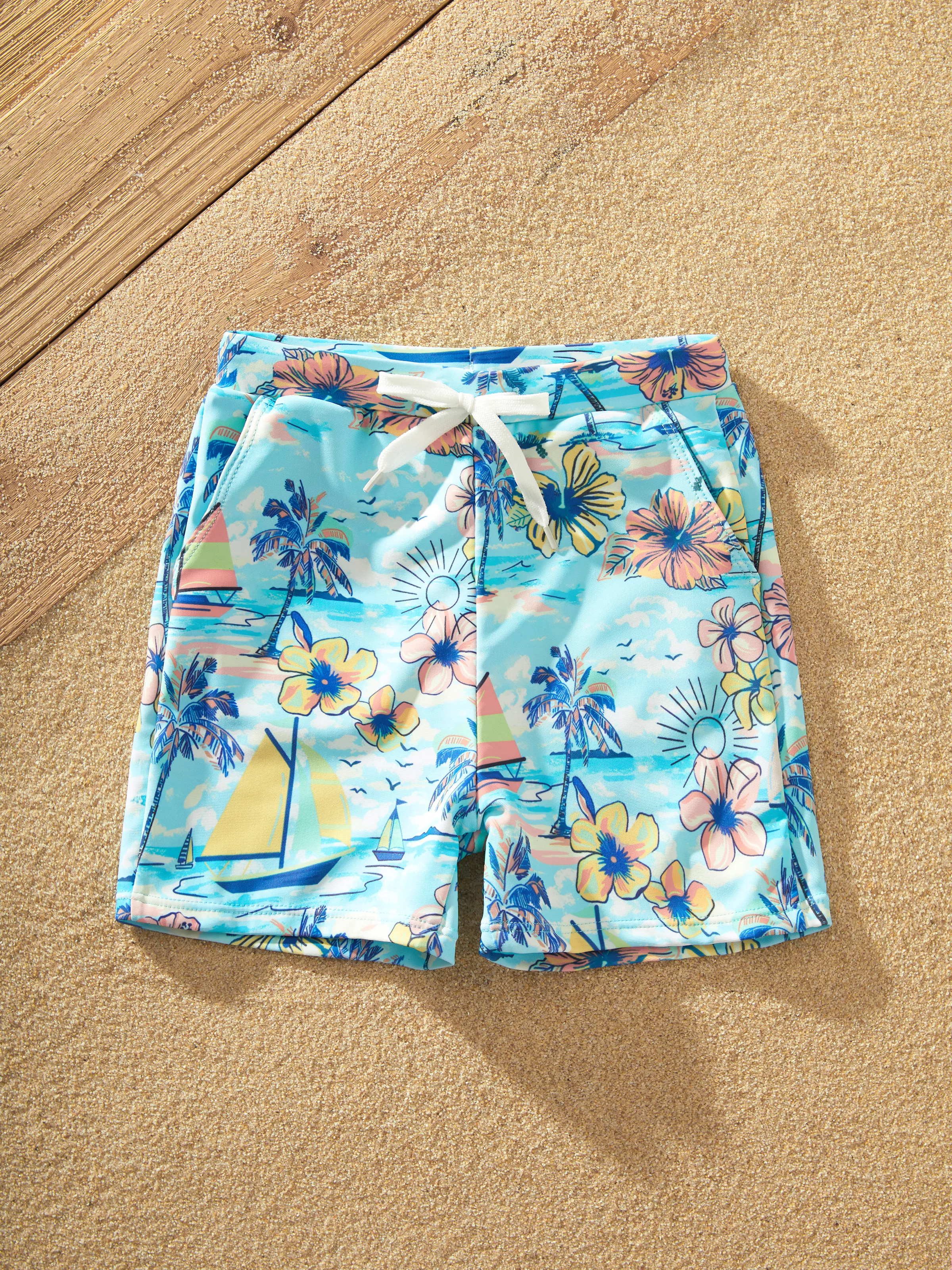 Family Matching Swimwear Tropical Print, Mommy Tie-front Cutout One-piece Swimsuit, Girl two-piece Swimsuit Daddy & Son Swim Trunks Set for Summer Beach Vacation Light Blue - Image 19
