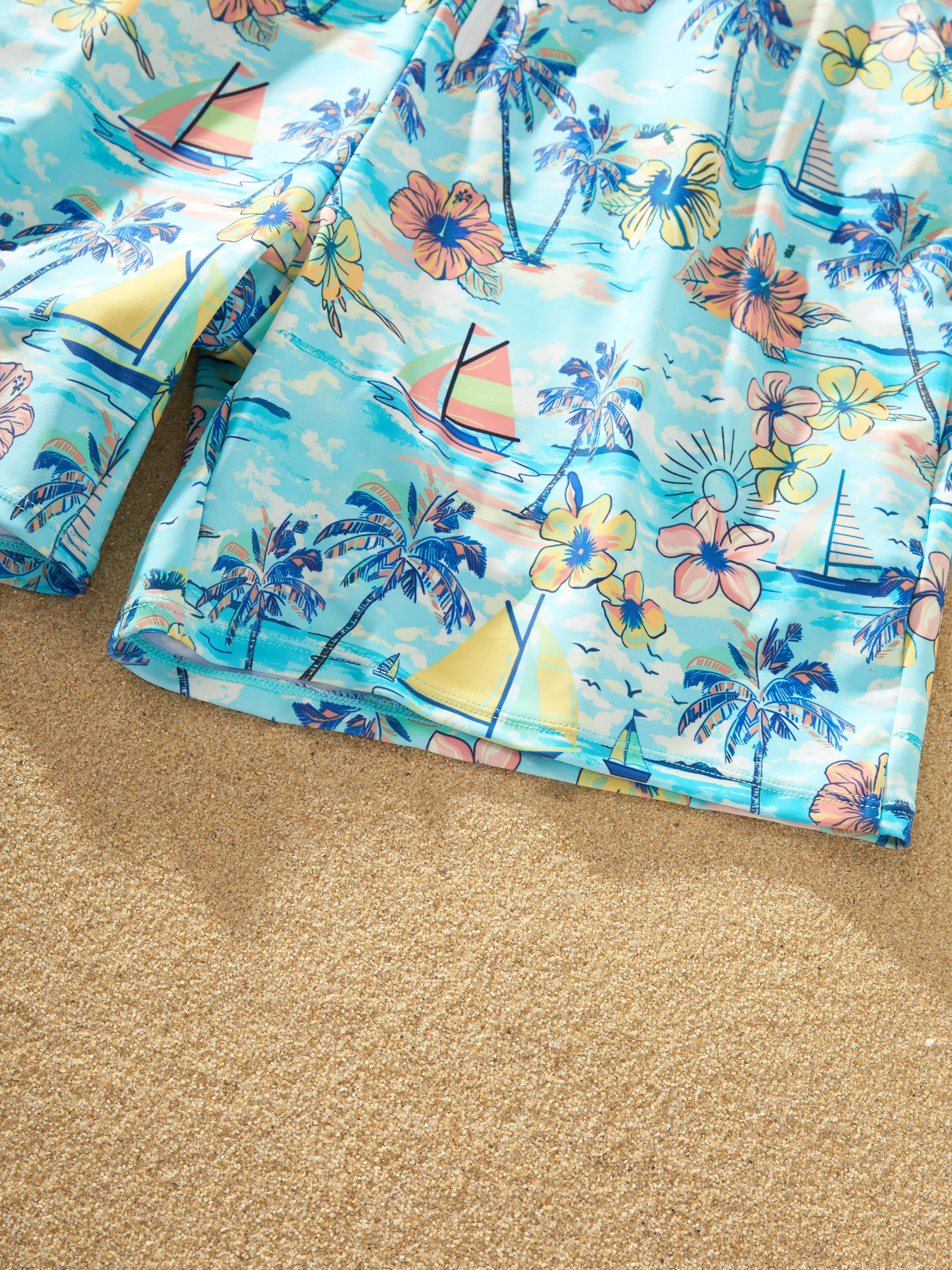 Family Matching Swimwear Tropical Print, Mommy Tie-front Cutout One-piece Swimsuit, Girl two-piece Swimsuit Daddy & Son Swim Trunks Set for Summer Beach Vacation Light Blue - Image 30