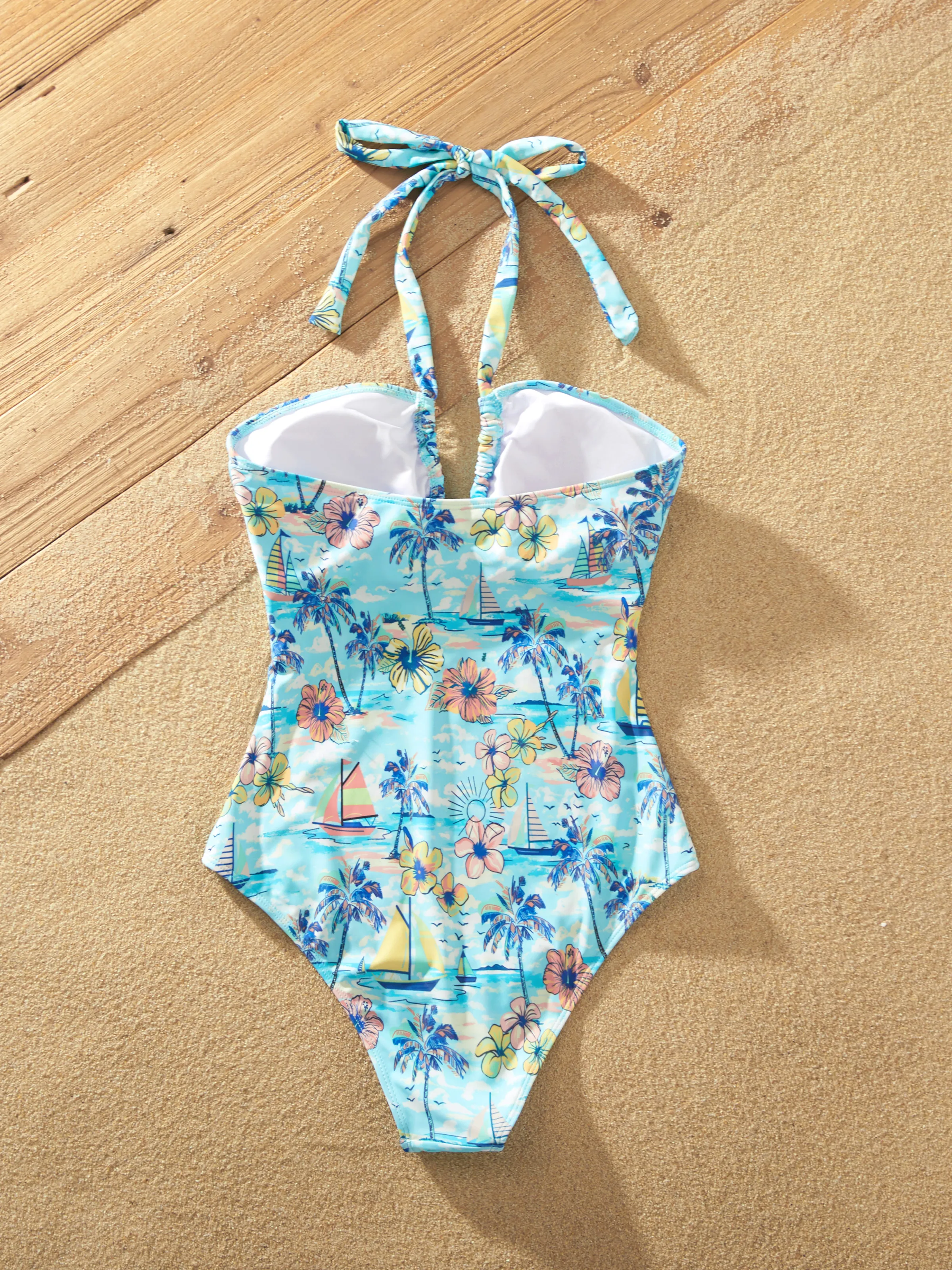 Family Matching Swimwear Tropical Print, Mommy Tie-front Cutout One-piece Swimsuit, Girl two-piece Swimsuit Daddy & Son Swim Trunks Set for Summer Beach Vacation Light Blue - Image 6