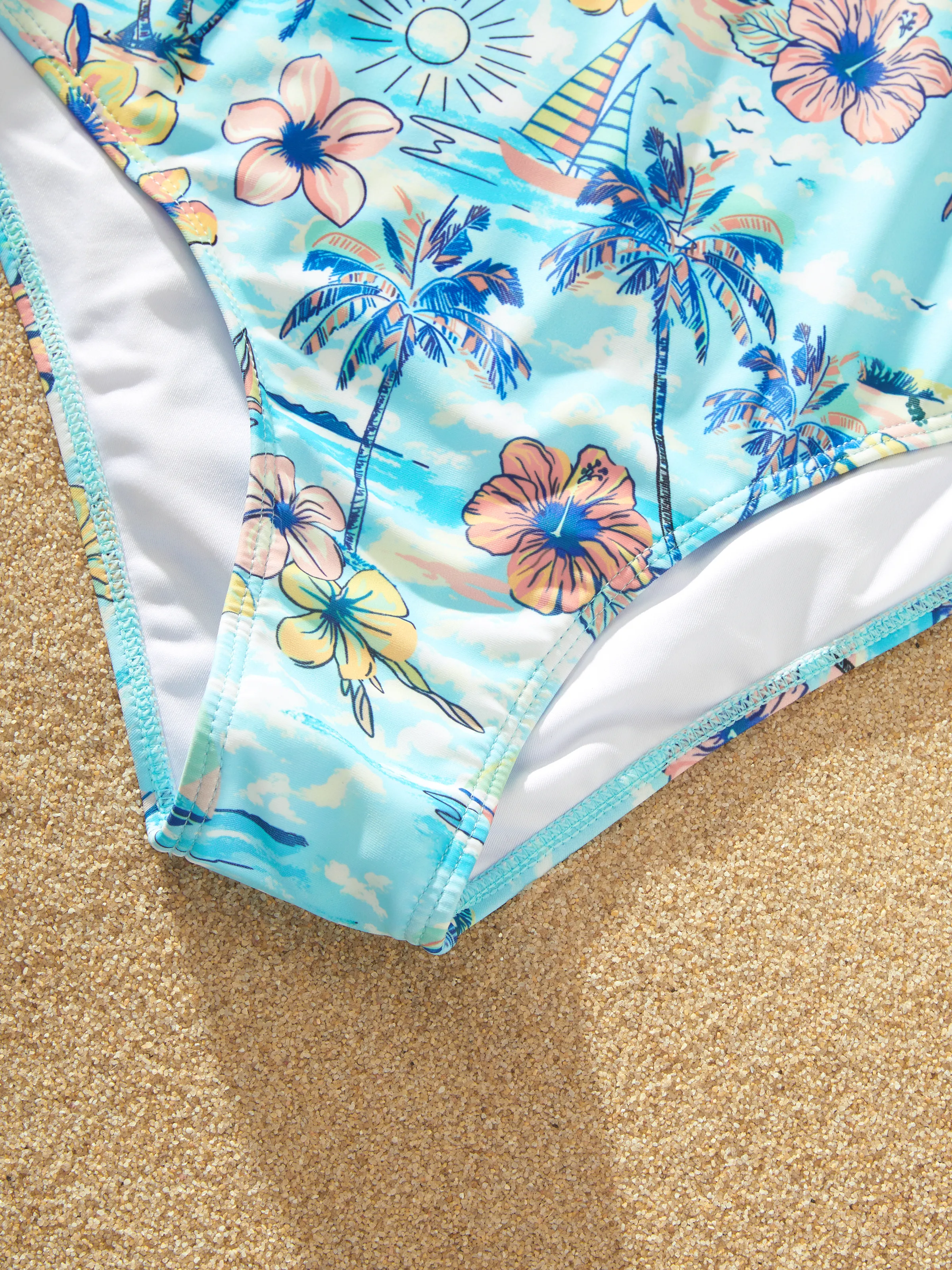 Family Matching Swimwear Tropical Print, Mommy Tie-front Cutout One-piece Swimsuit, Girl two-piece Swimsuit Daddy & Son Swim Trunks Set for Summer Beach Vacation Light Blue - Image 9