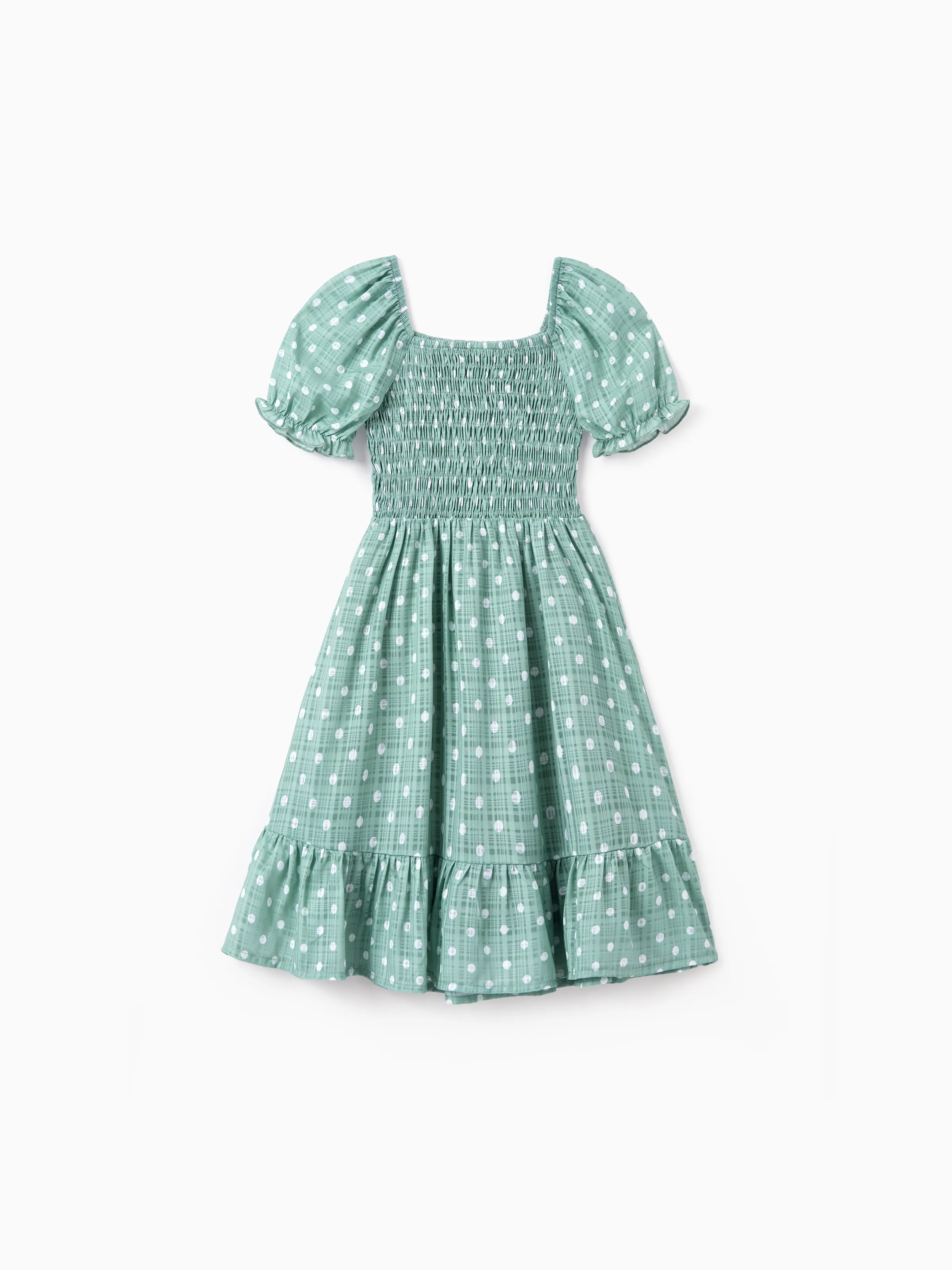 Family Matching T-Shirt & Dress Set Polka Dot Puff-sleeve Dress for Mom, Daughter & Baby, Color Block Cotton Tee for Dad & Son, Perfect for Family Outings & Photos Light Green - Image 13