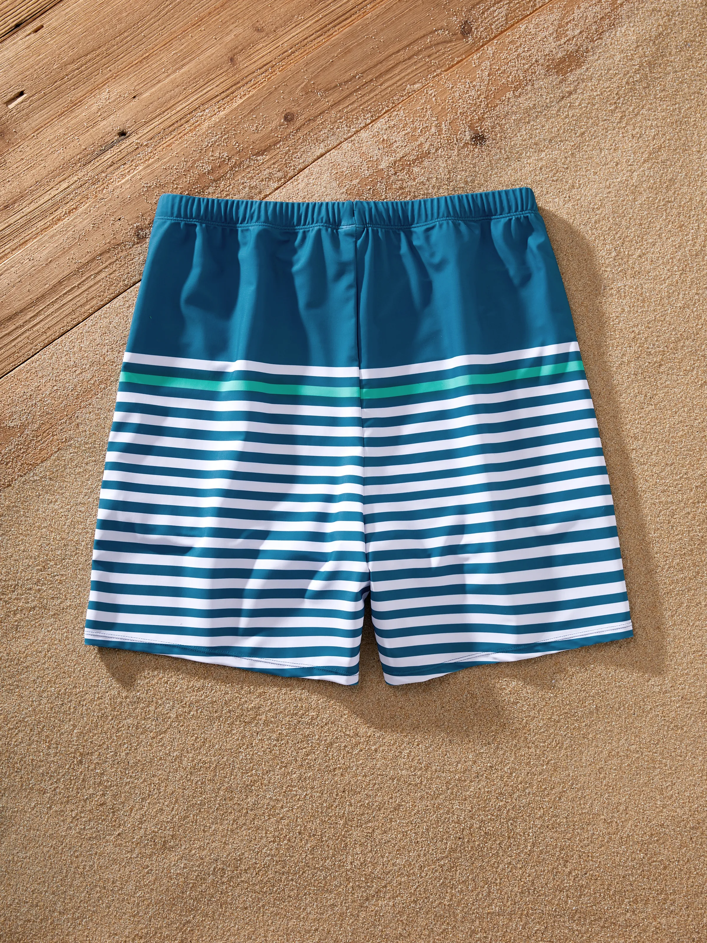 Family Matching Teal Striped Swimsuits Ruched Bikini & Swim Trunks Set Multi-color - Image 18