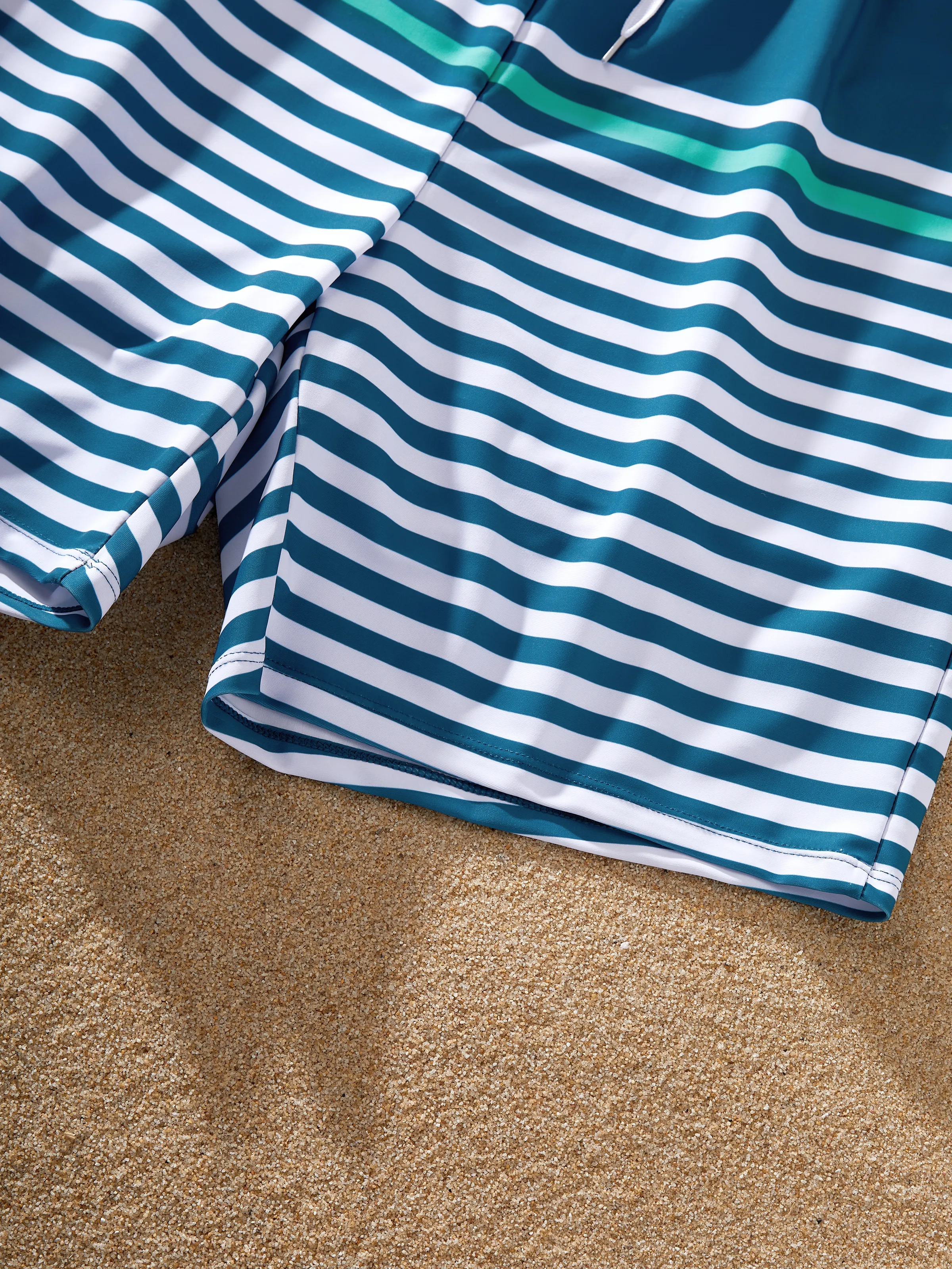 Family Matching Teal Striped Swimsuits Ruched Bikini & Swim Trunks Set Multi-color - Image 20