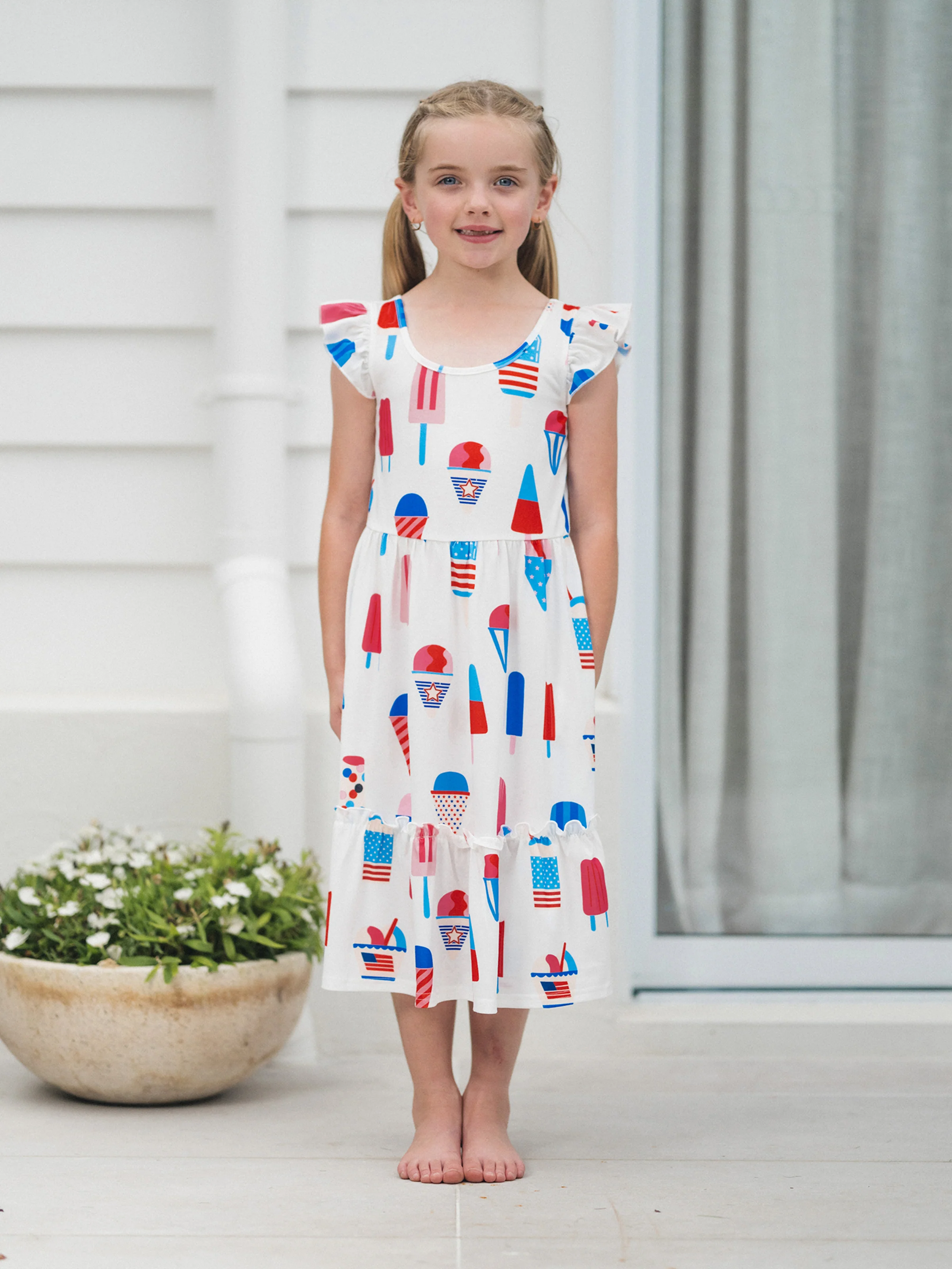 Independence Day Family Matching Patriotic Ice Cream Print Summer Cotton T-shirt & V-Neck Dresses White - Image 10