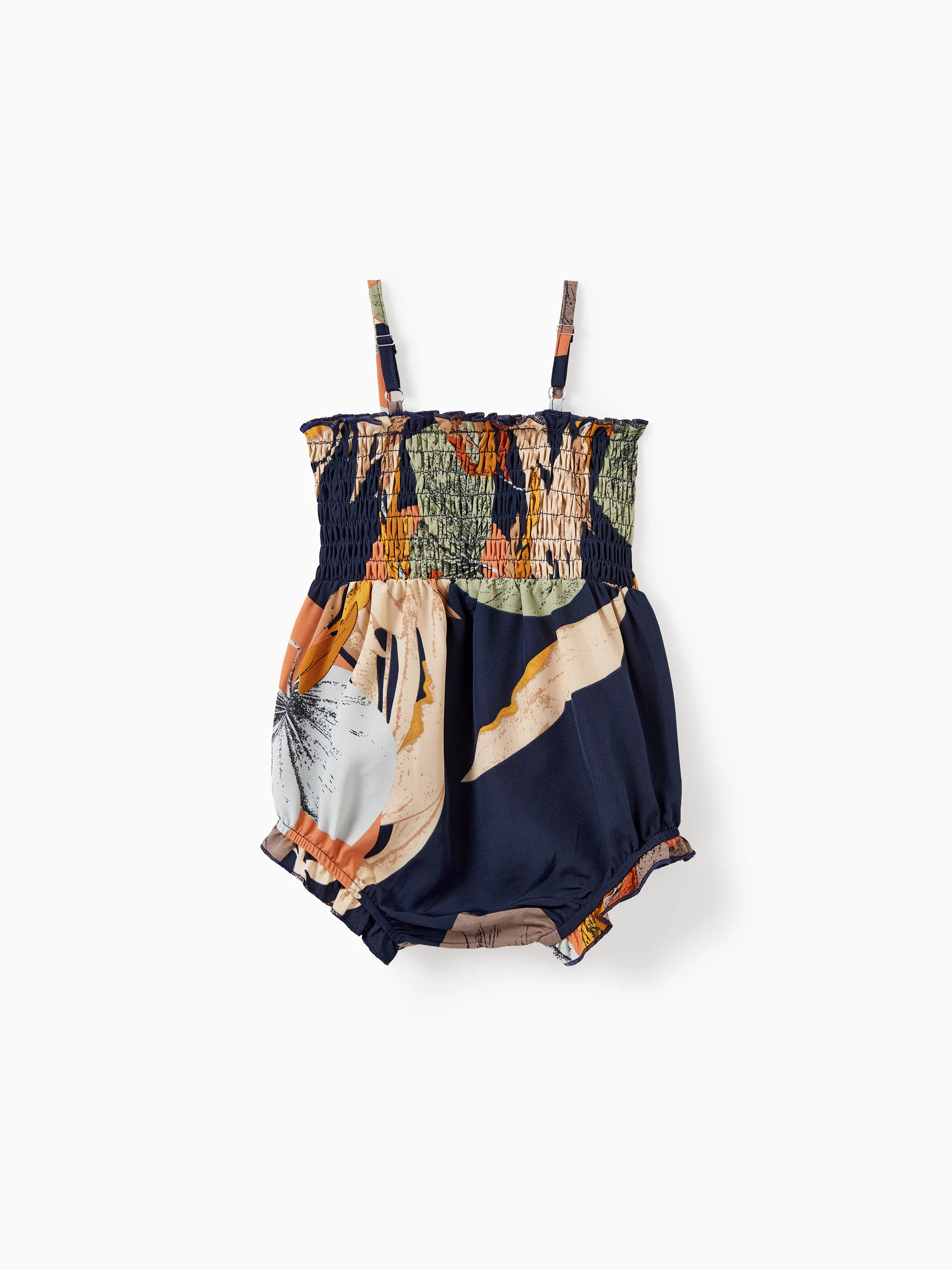 Family Matching Tropical Floral Print Smocked Top Strap Wide-Leg Jumpsuits for Mommy and Me Deep Blue - Image 13