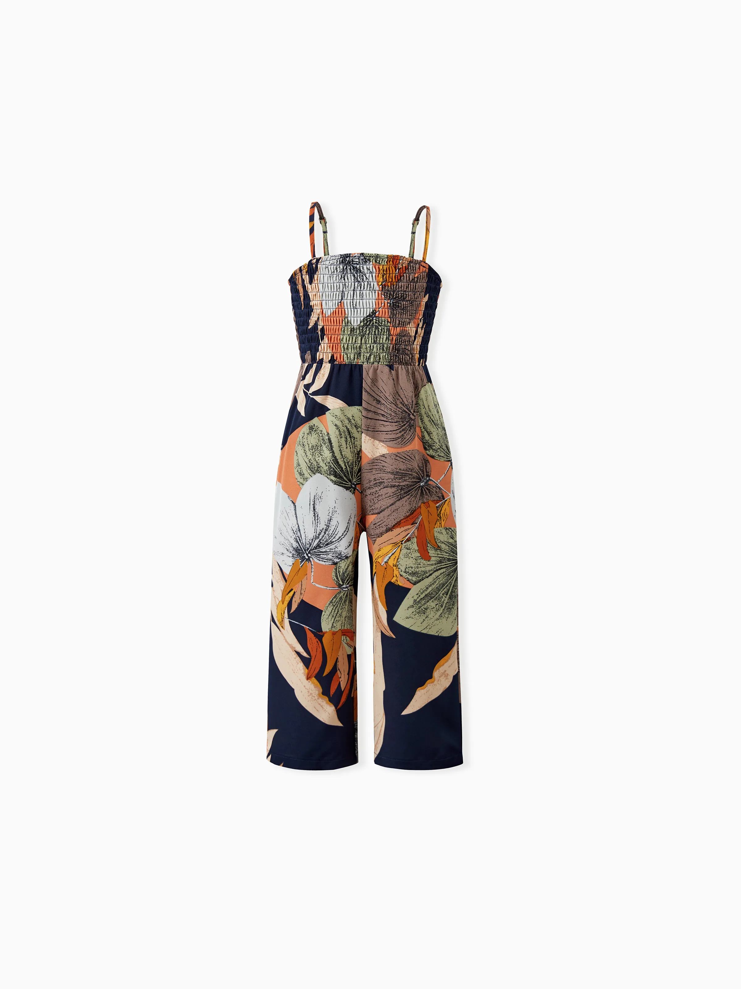 Family Matching Tropical Floral Print Smocked Top Strap Wide-Leg Jumpsuits for Mommy and Me Deep Blue - Image 7