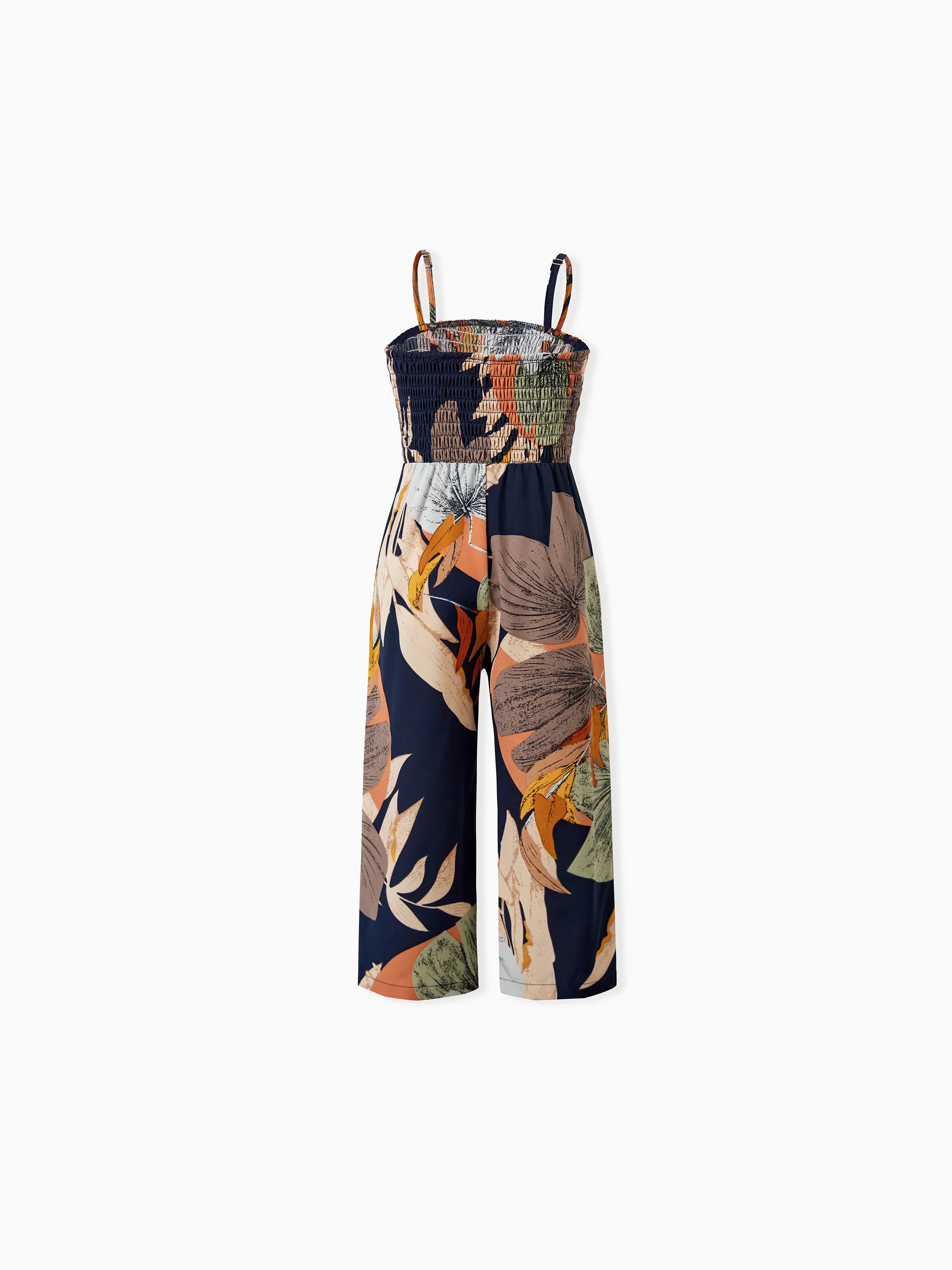 Family Matching Tropical Floral Print Smocked Top Strap Wide-Leg Jumpsuits for Mommy and Me Deep Blue - Image 8