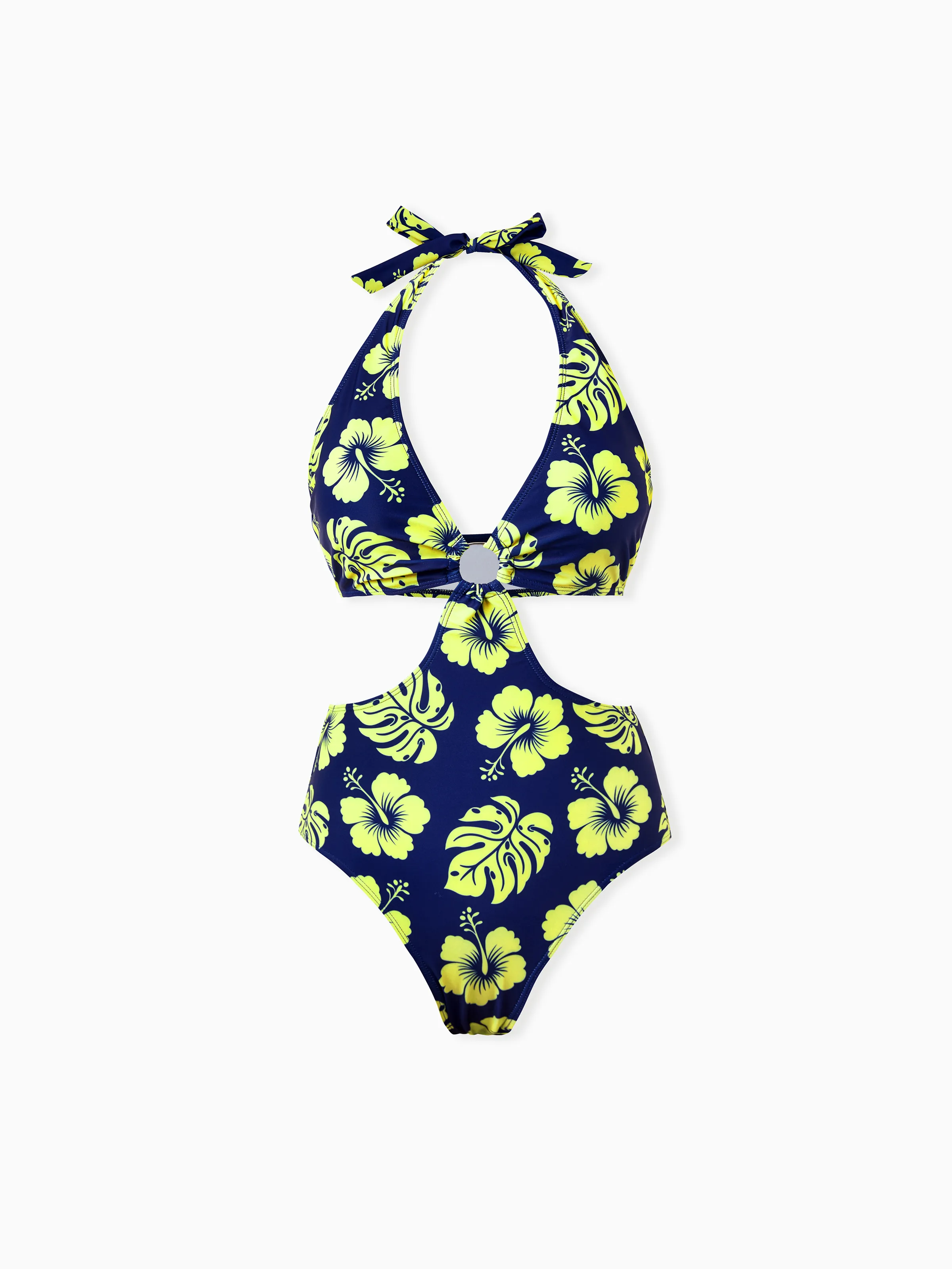 Family Matching Tropical Floral Swimsuits Halter Bikini & Swim Trunks Set Deep Blue - Image 5