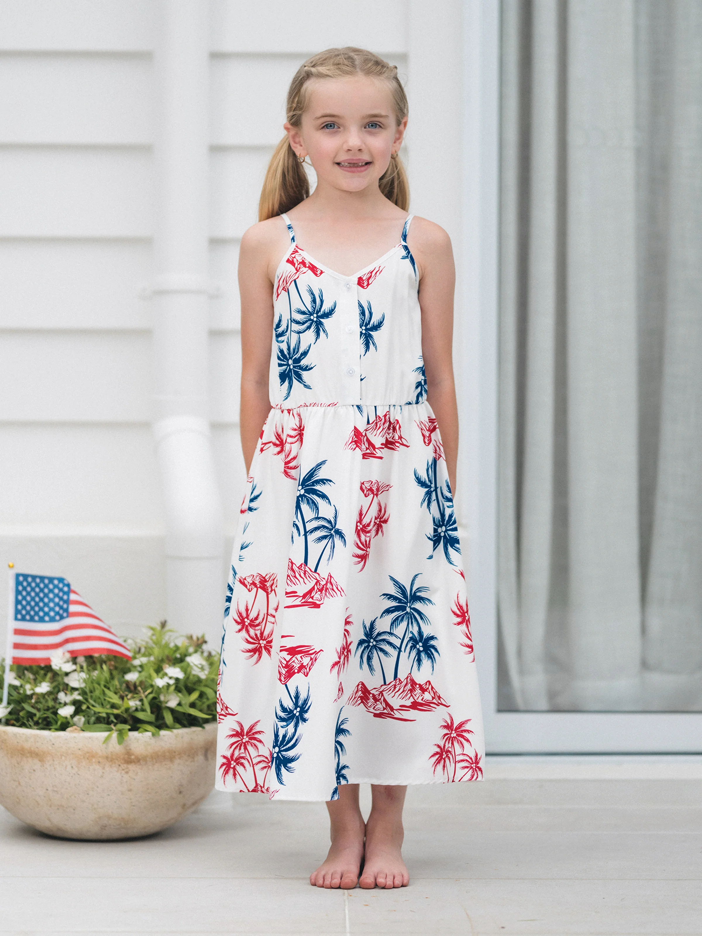Independence Day Matching Family Outfits Red & Blue Palm Tree Print Hawaiian Vacation Clothes Summer Beach Shirt & Dress Set Multi-color - Image 10