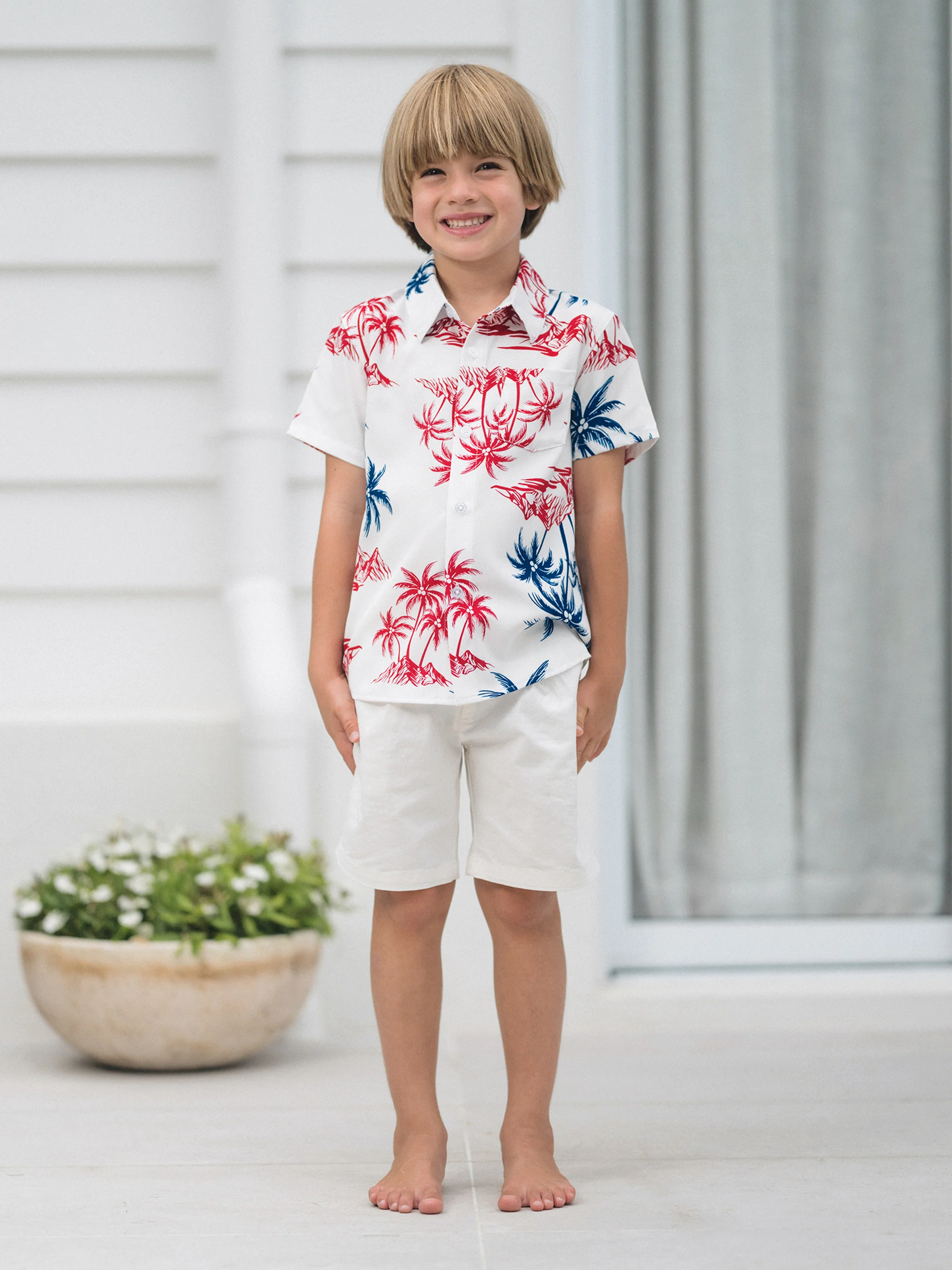 Independence Day Matching Family Outfits Red & Blue Palm Tree Print Hawaiian Vacation Clothes Summer Beach Shirt & Dress Set Multi-color - Image 22