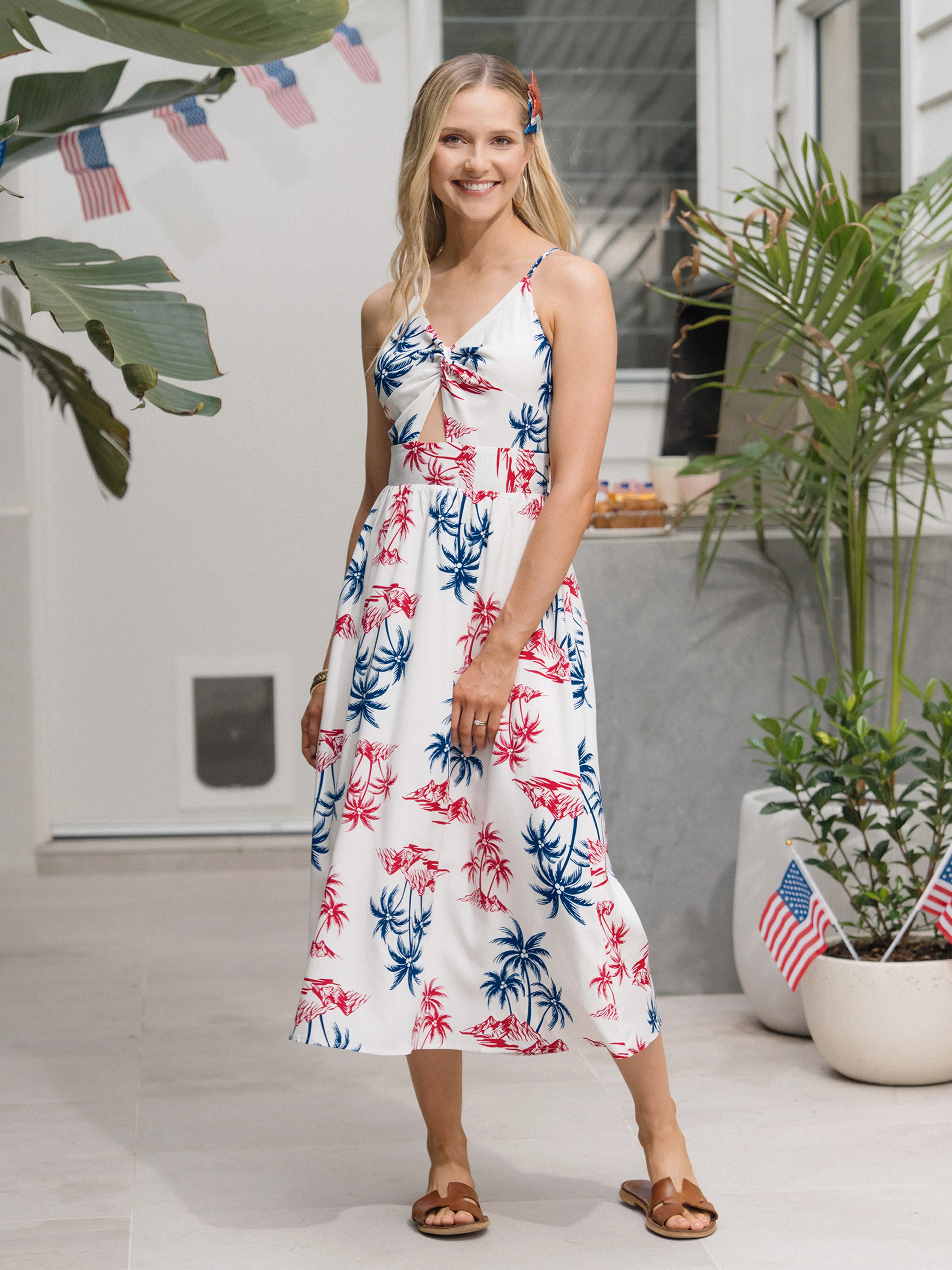 Independence Day Matching Family Outfits Red & Blue Palm Tree Print Hawaiian Vacation Clothes Summer Beach Shirt & Dress Set Multi-color - Image 3
