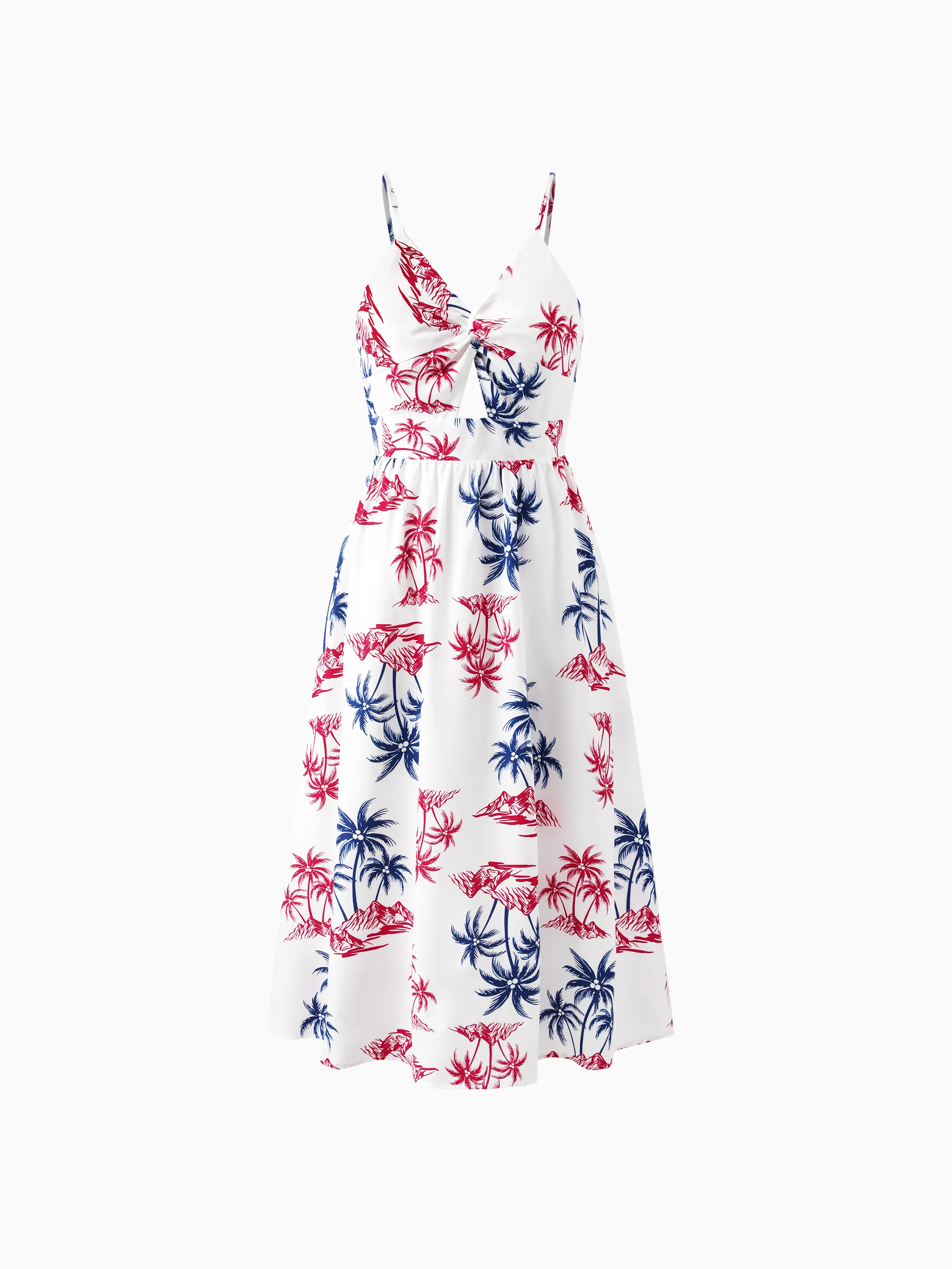 Independence Day Matching Family Outfits Red & Blue Palm Tree Print Hawaiian Vacation Clothes Summer Beach Shirt & Dress Set Multi-color - Image 5