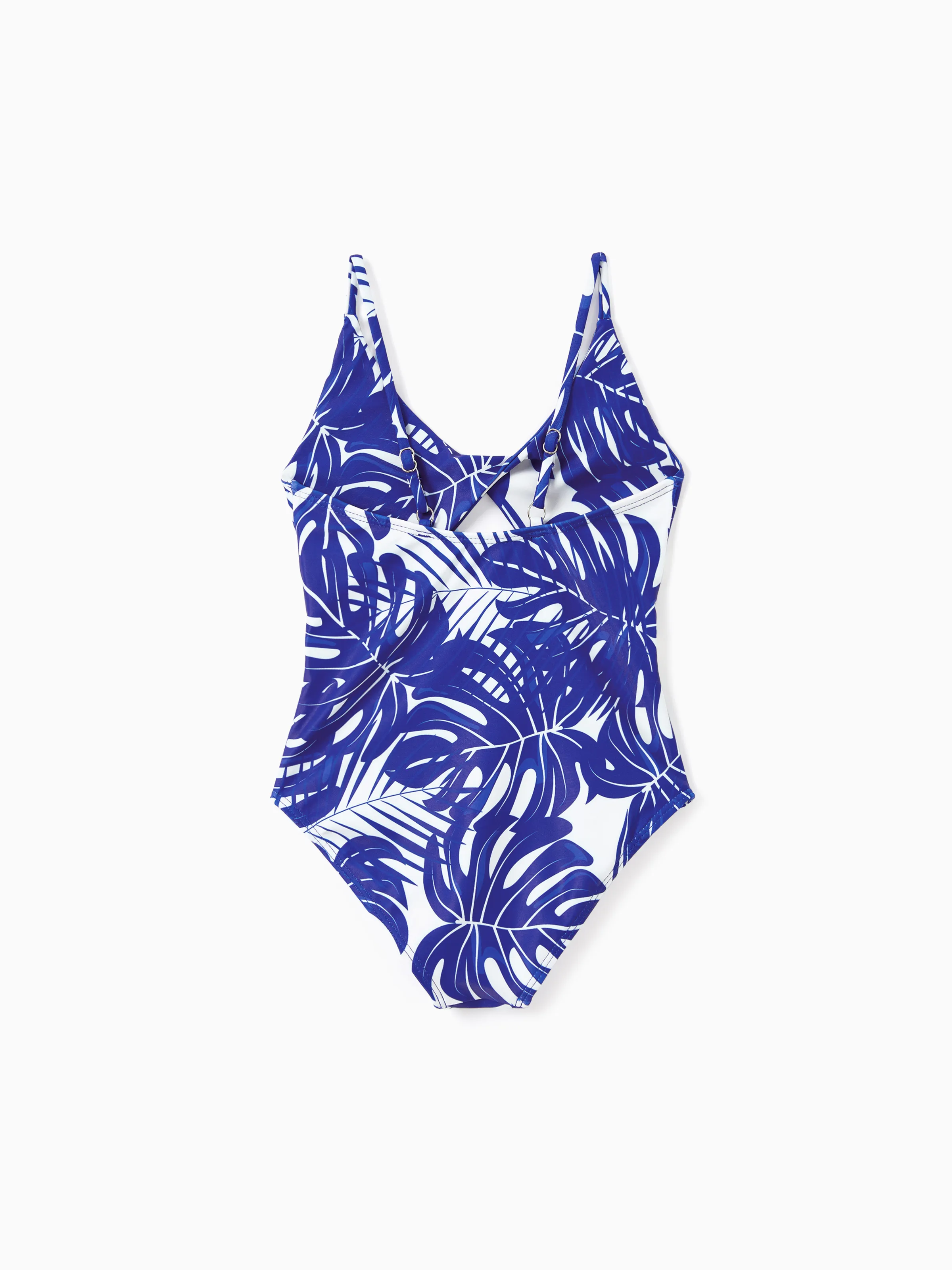 Family Matching Tropical Leaf Print Swim Trunks or Hollow-out Crisscross Straps One-piece Swimsuit Blue - Image 6