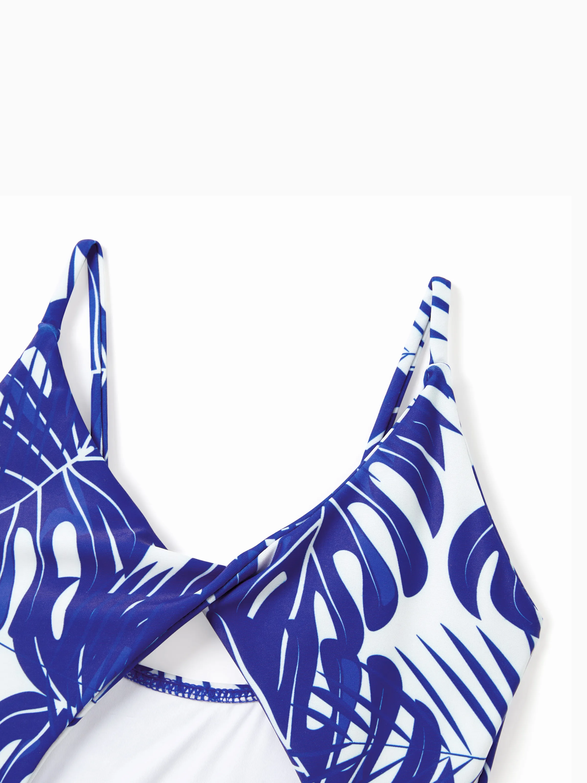 Family Matching Tropical Leaf Print Swim Trunks or Hollow-out Crisscross Straps One-piece Swimsuit Blue - Image 7