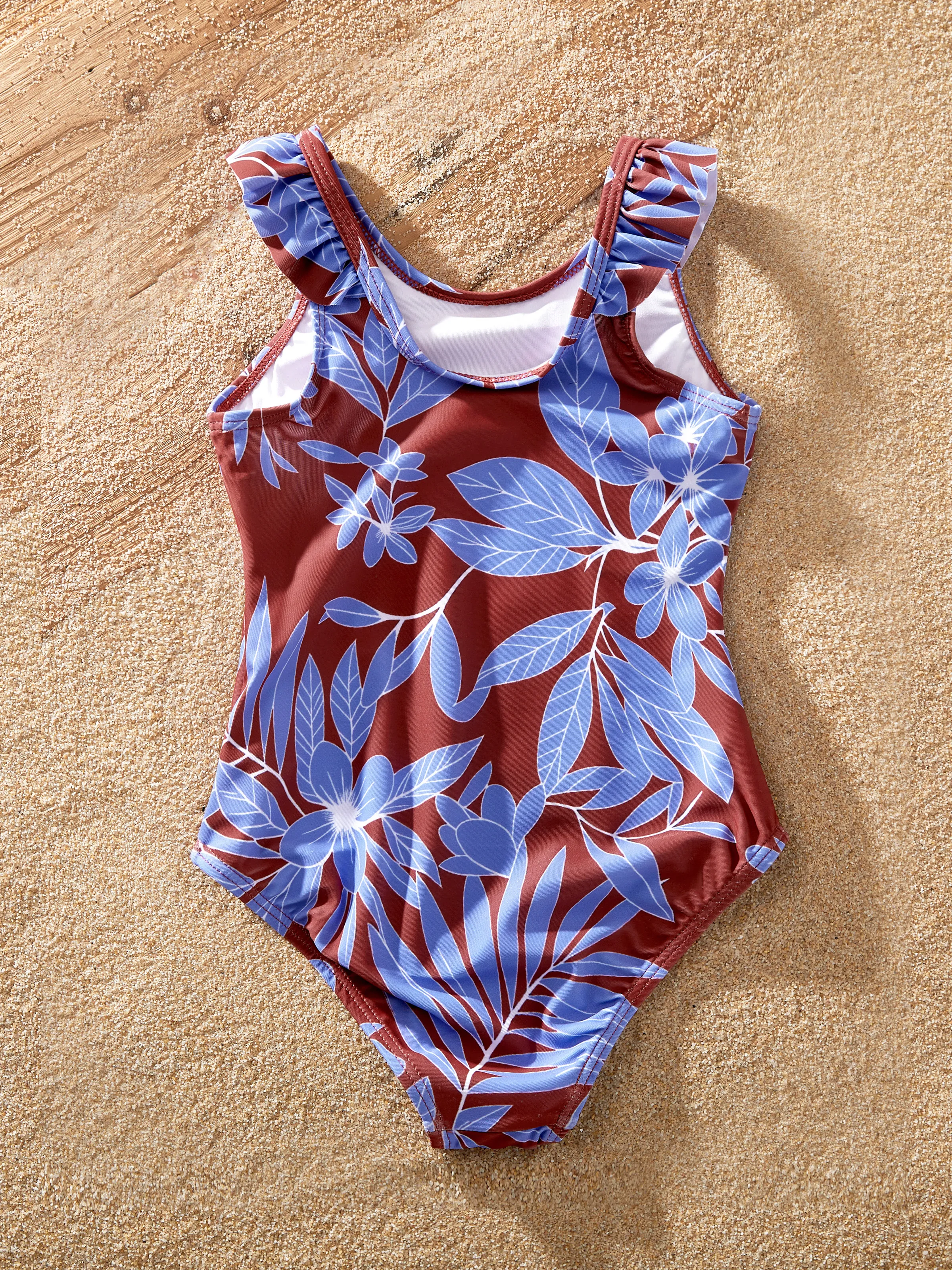 Family Matching Tropical Leaf Print Swimsuits Cutout One-Piece & Swim Trunks Set Blue - Image 10