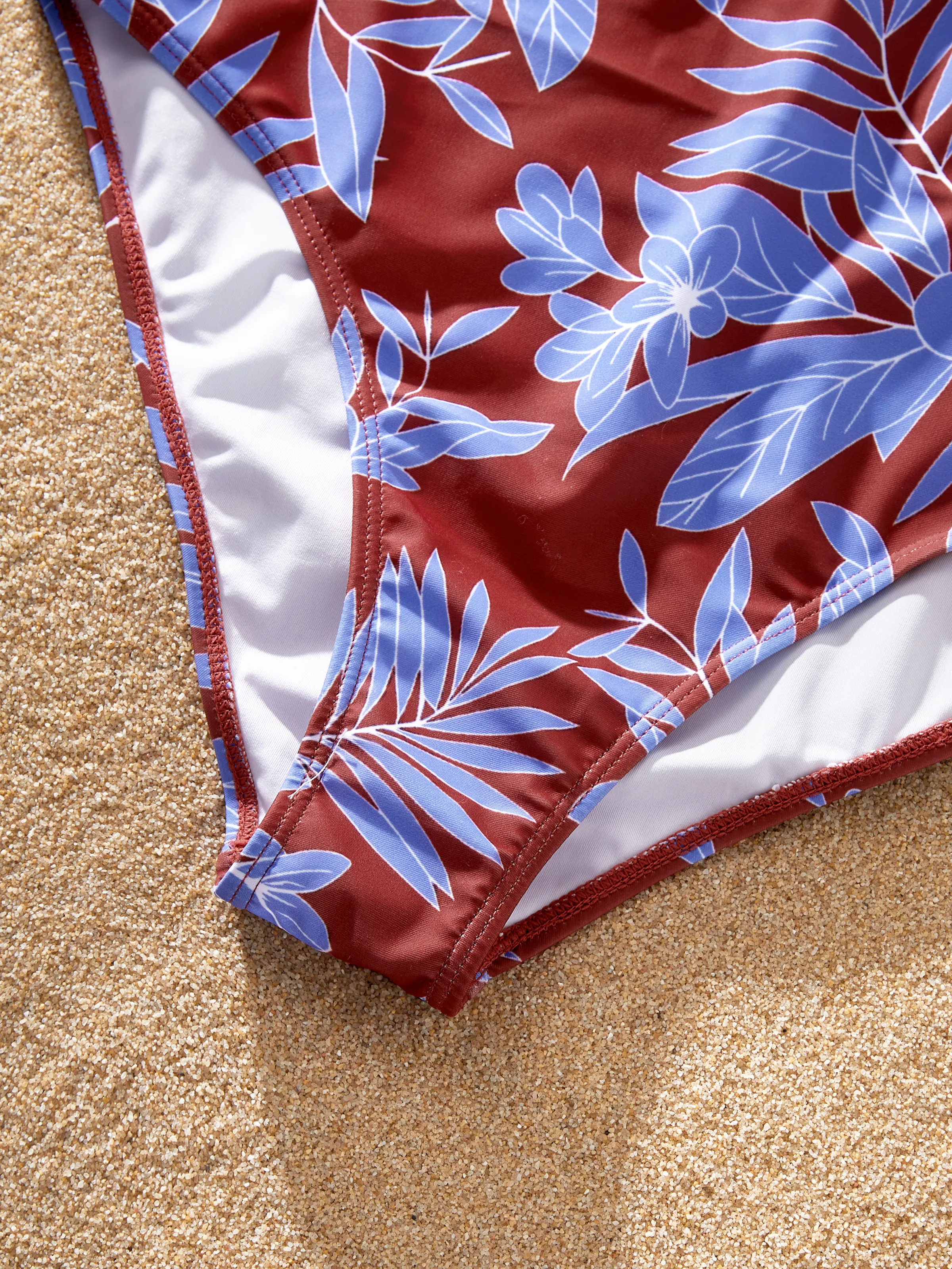 Family Matching Tropical Leaf Print Swimsuits Cutout One-Piece & Swim Trunks Set Blue - Image 8