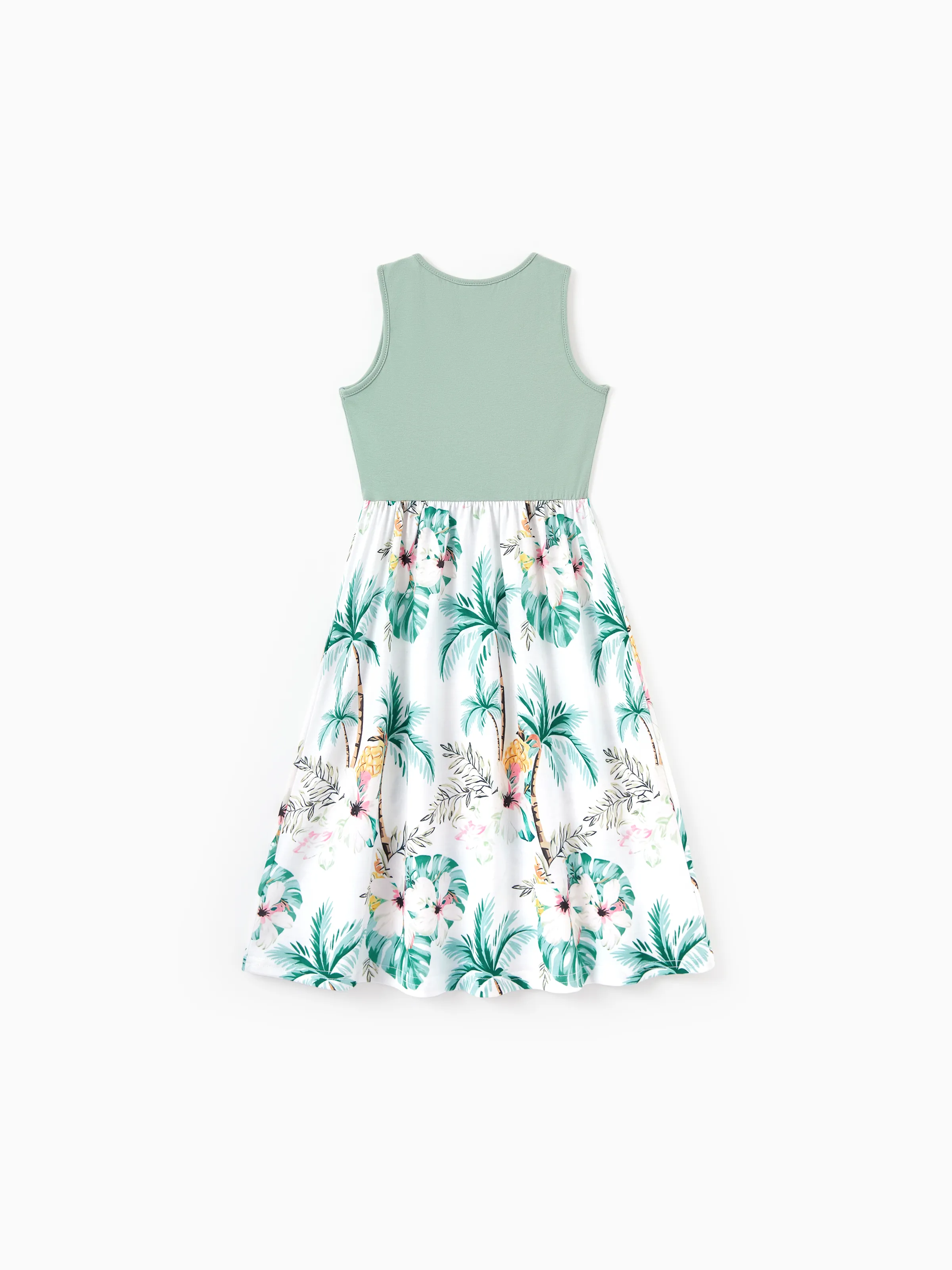 Family Matching Tropical Print Outfits Mommy & Me Tank Dress & Dad/Kids Cotton T-Shirt Set
 Green - Image 13